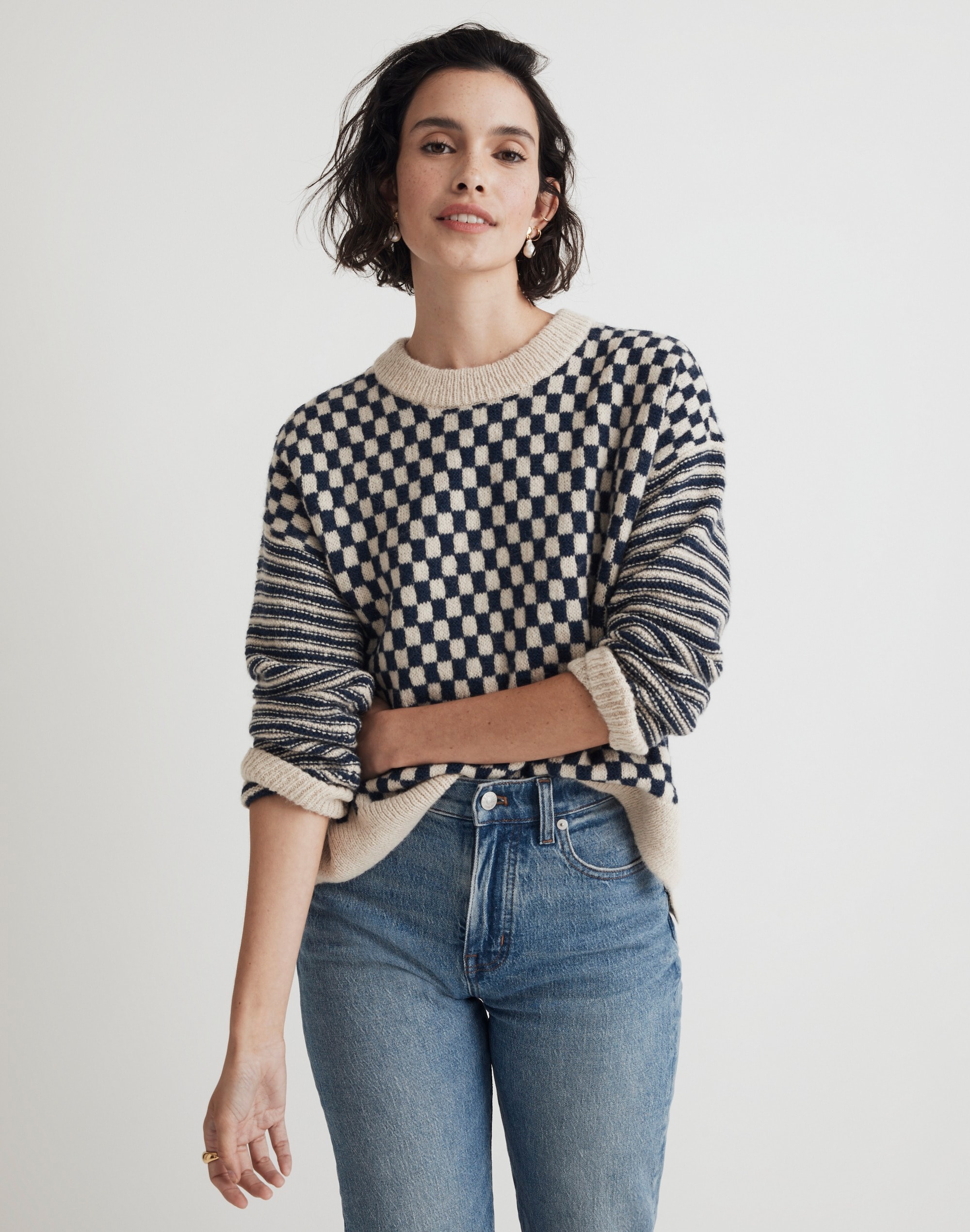 crewneck sweater in checked stripe