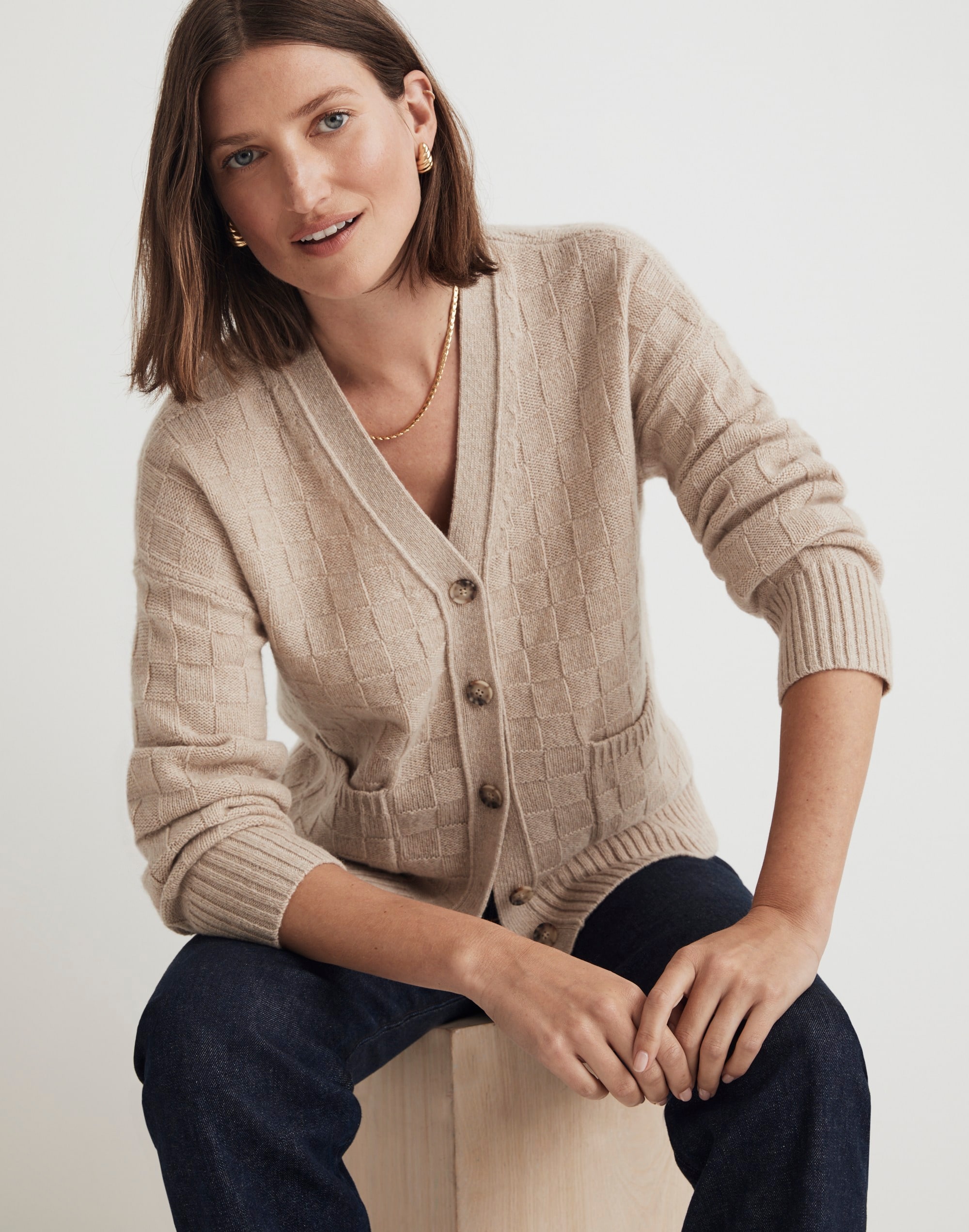 (re)sourced cashmere cardigan in checkerboard