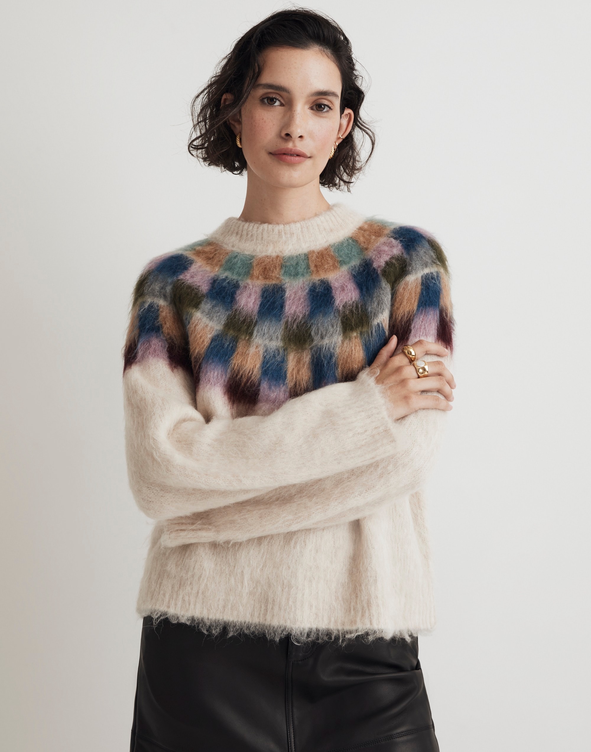 brushed checkerboard fair isle oversized sweater