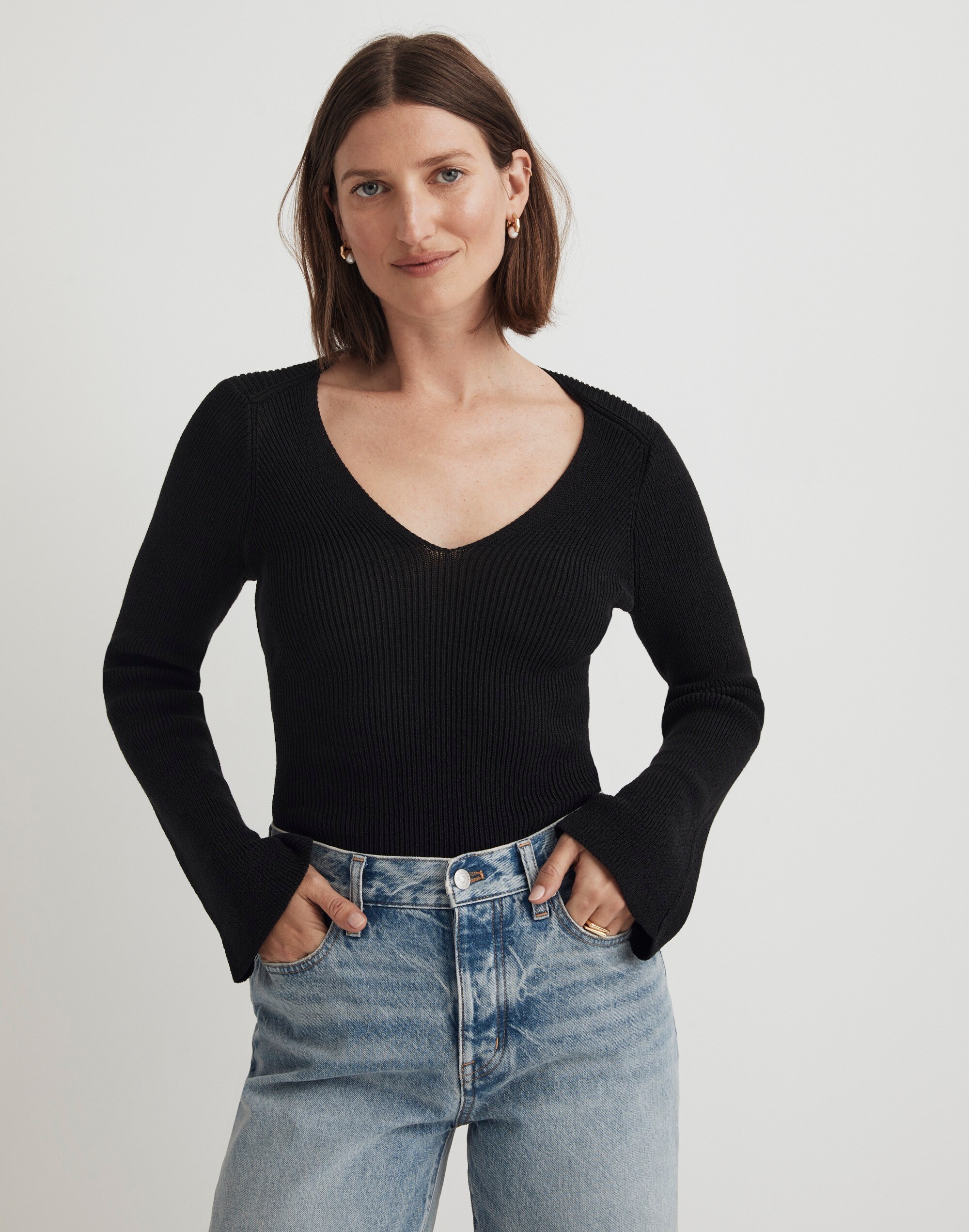 Flared-Sleeve V-Neck Sweater
