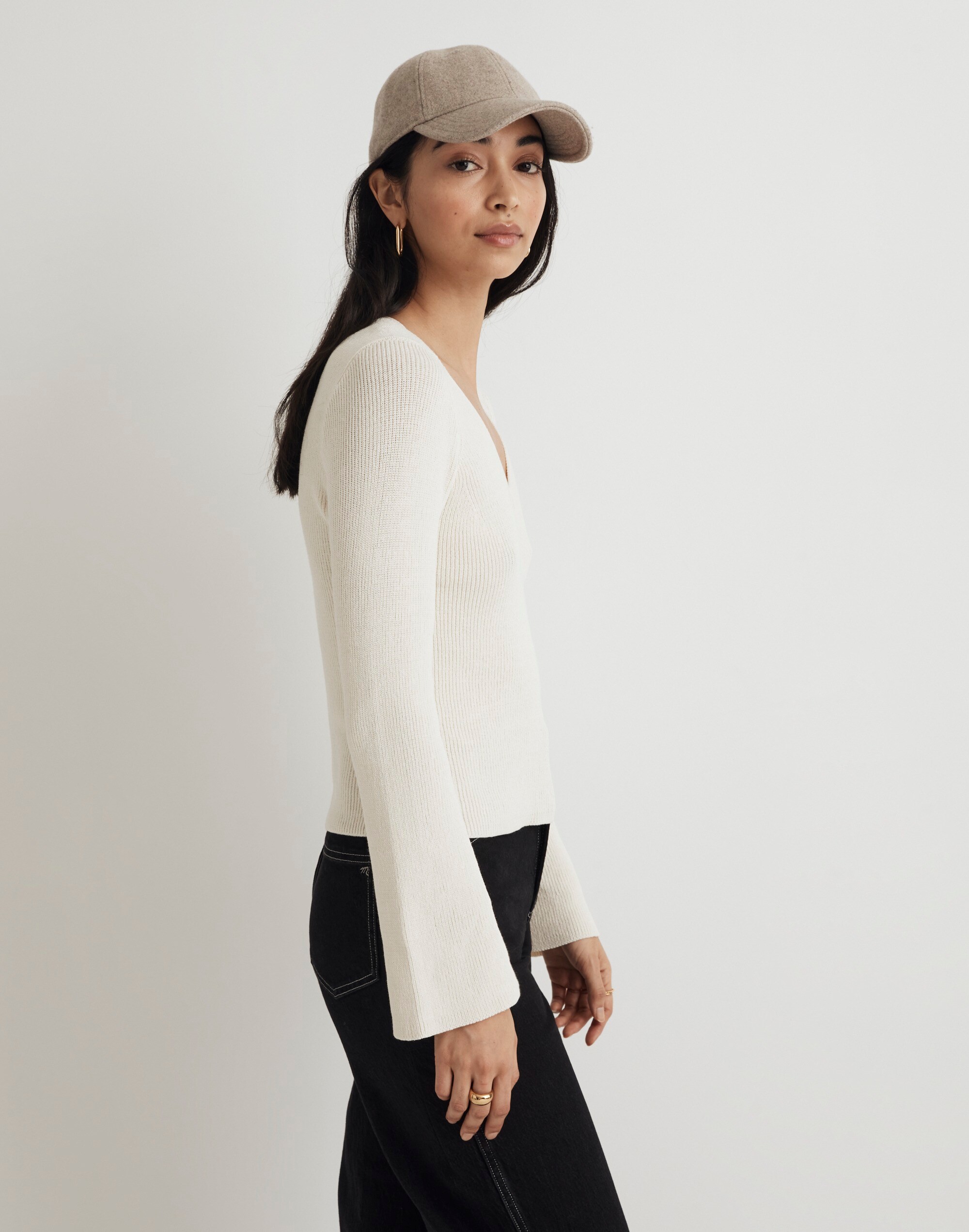 Flared-Sleeve V-Neck Sweater