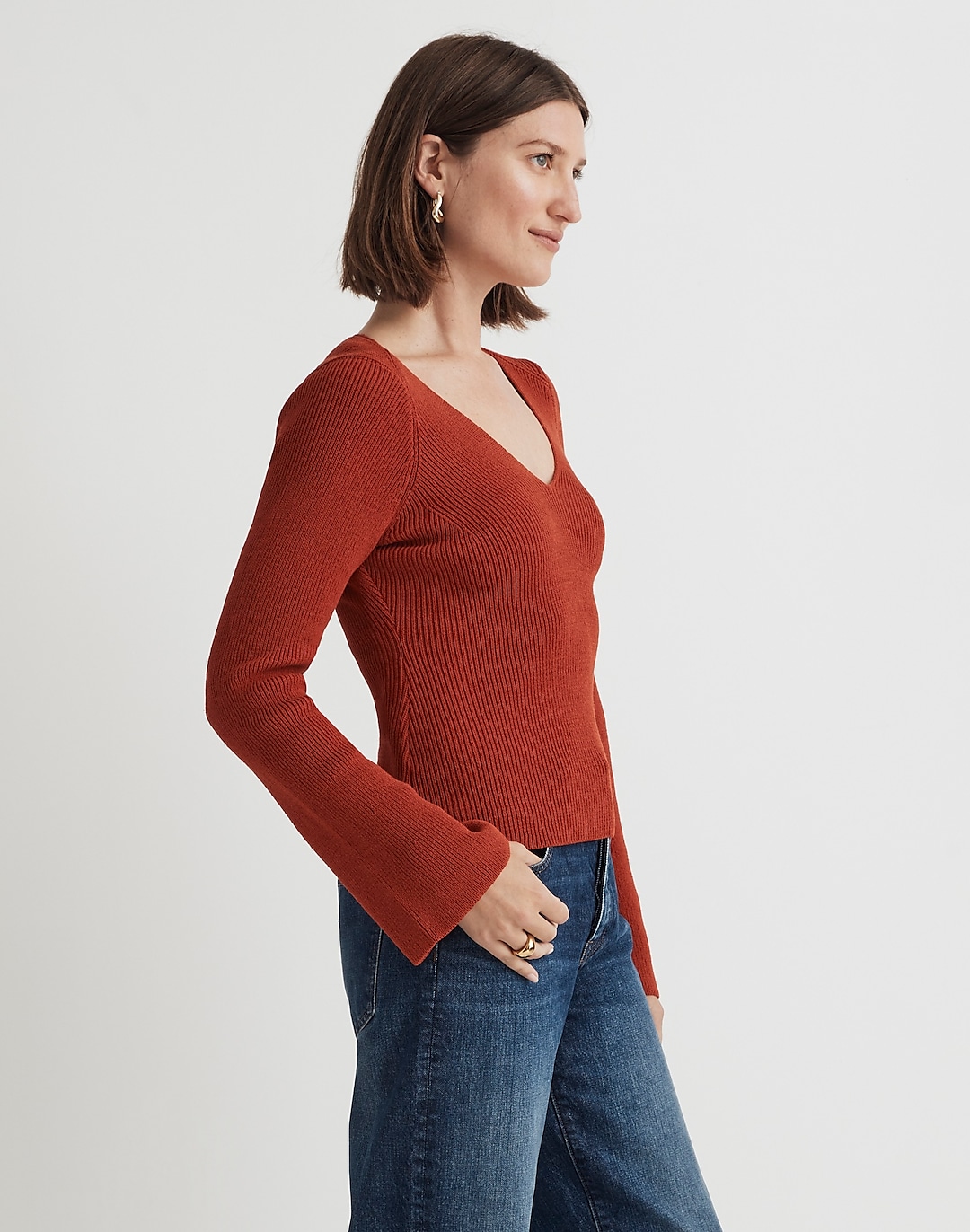 Flared-Sleeve V-Neck Sweater