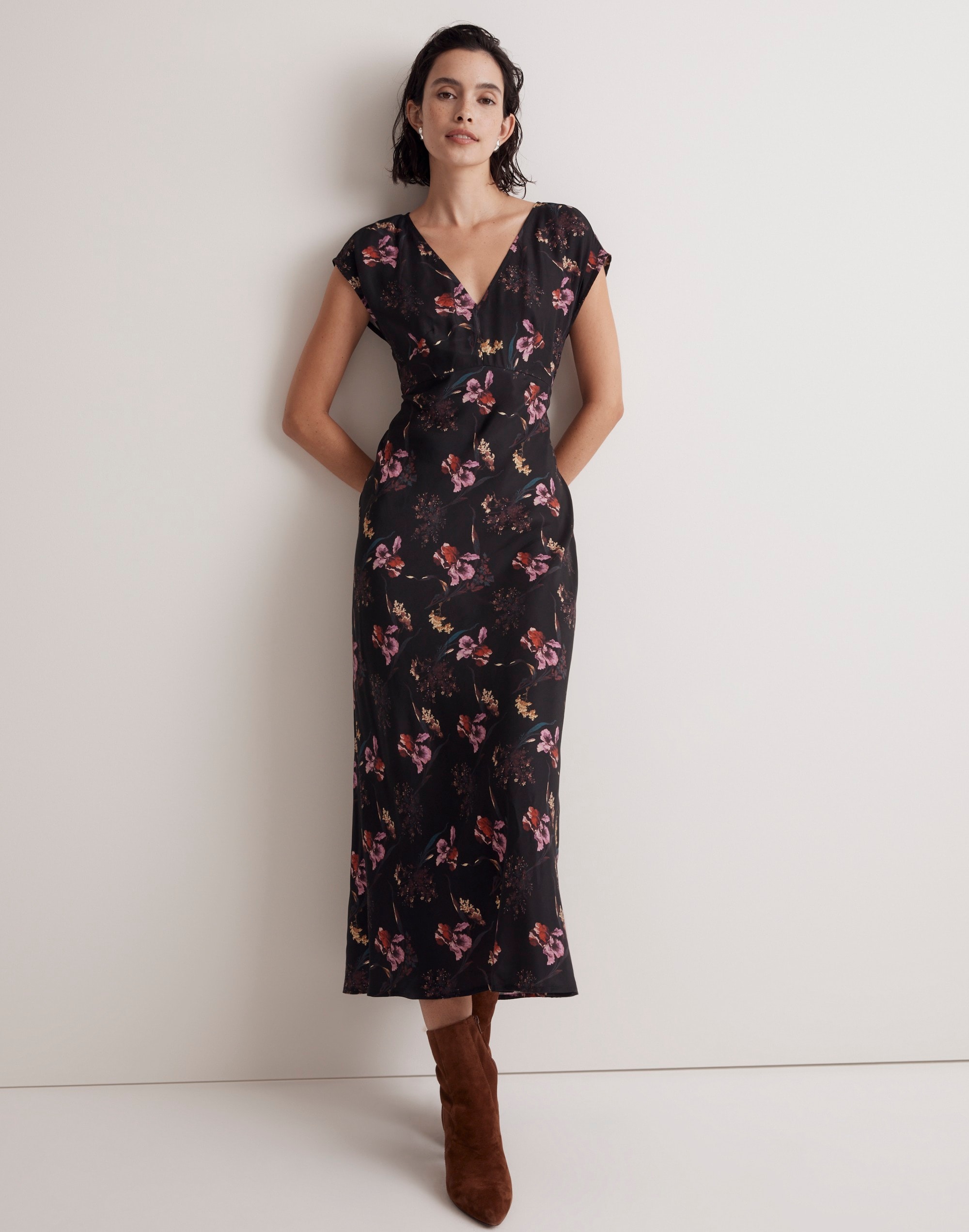 Wide V-Neck Midi Dress Floral Cupro-Blend