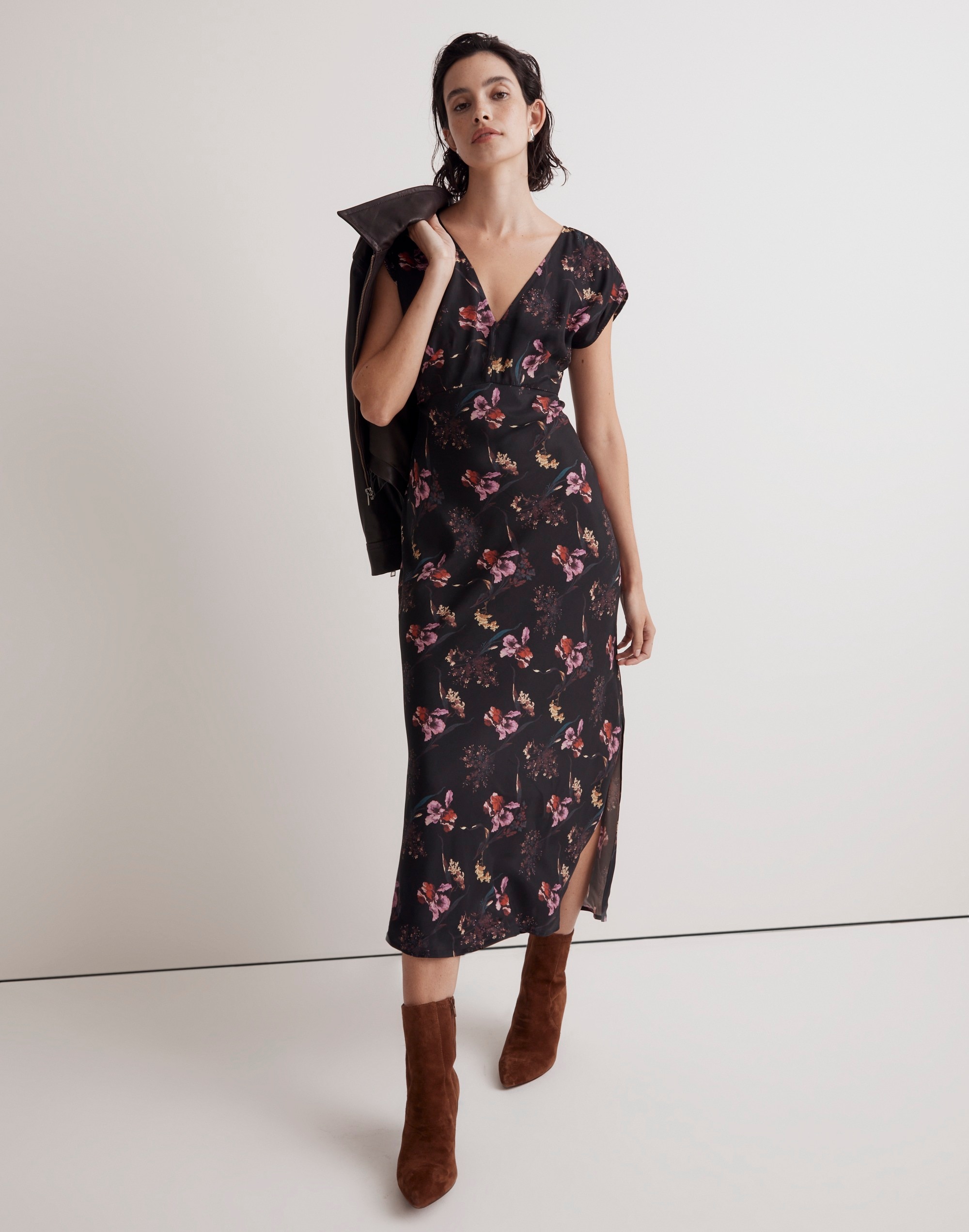 Wide V-Neck Midi Dress in Floral Cupro-Blend