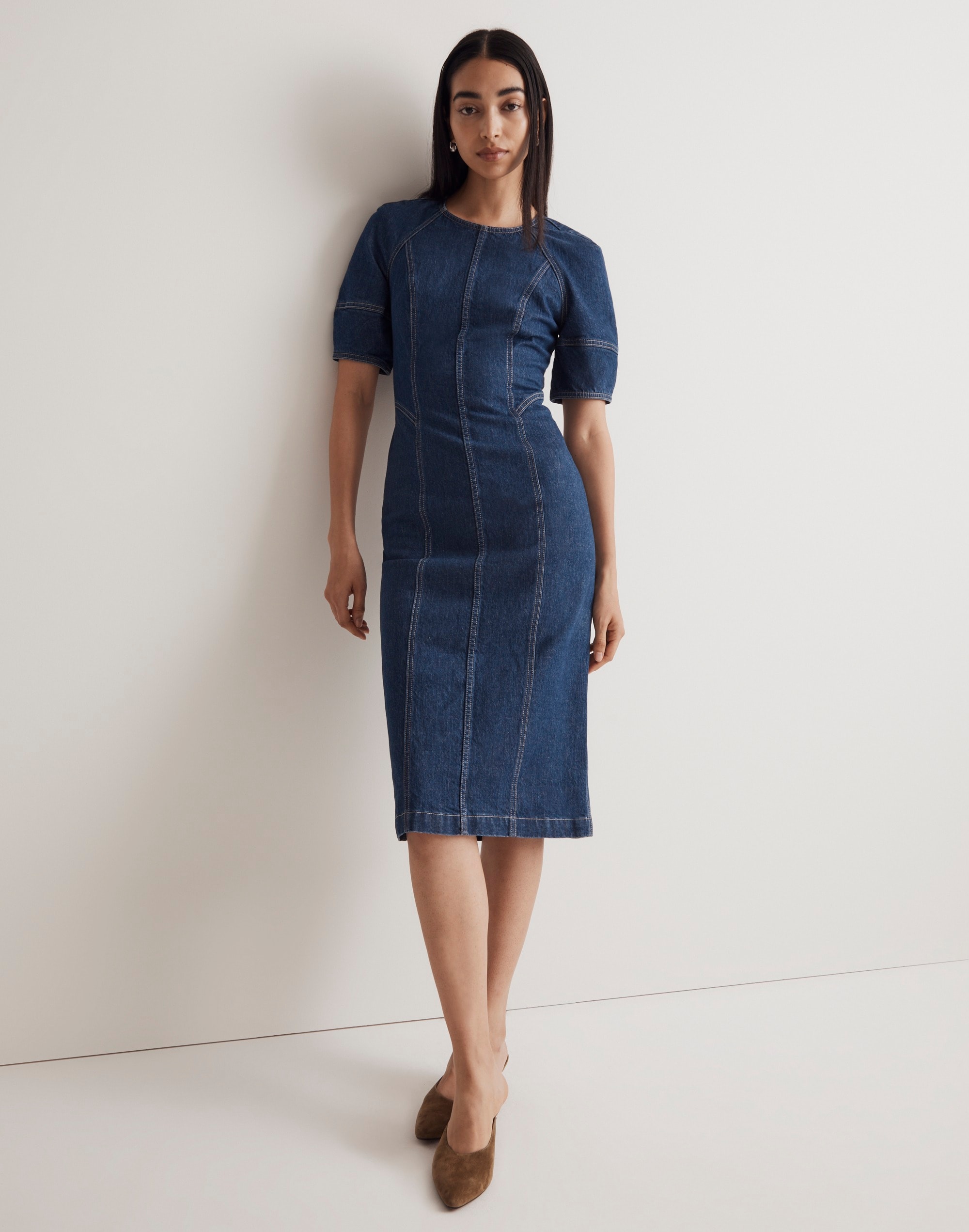 Denim Puff-Sleeve Midi Dress in Allister Wash