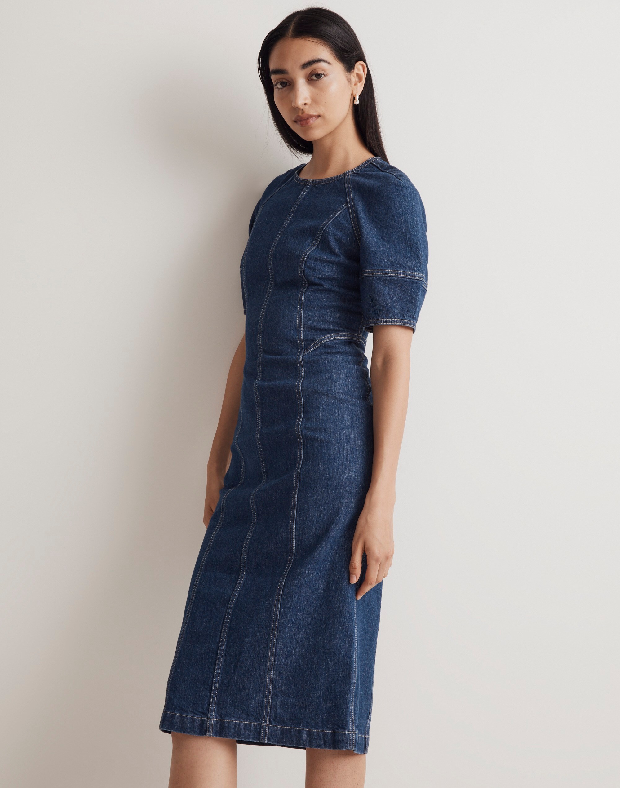 Denim Puff-Sleeve Midi Dress in Allister Wash