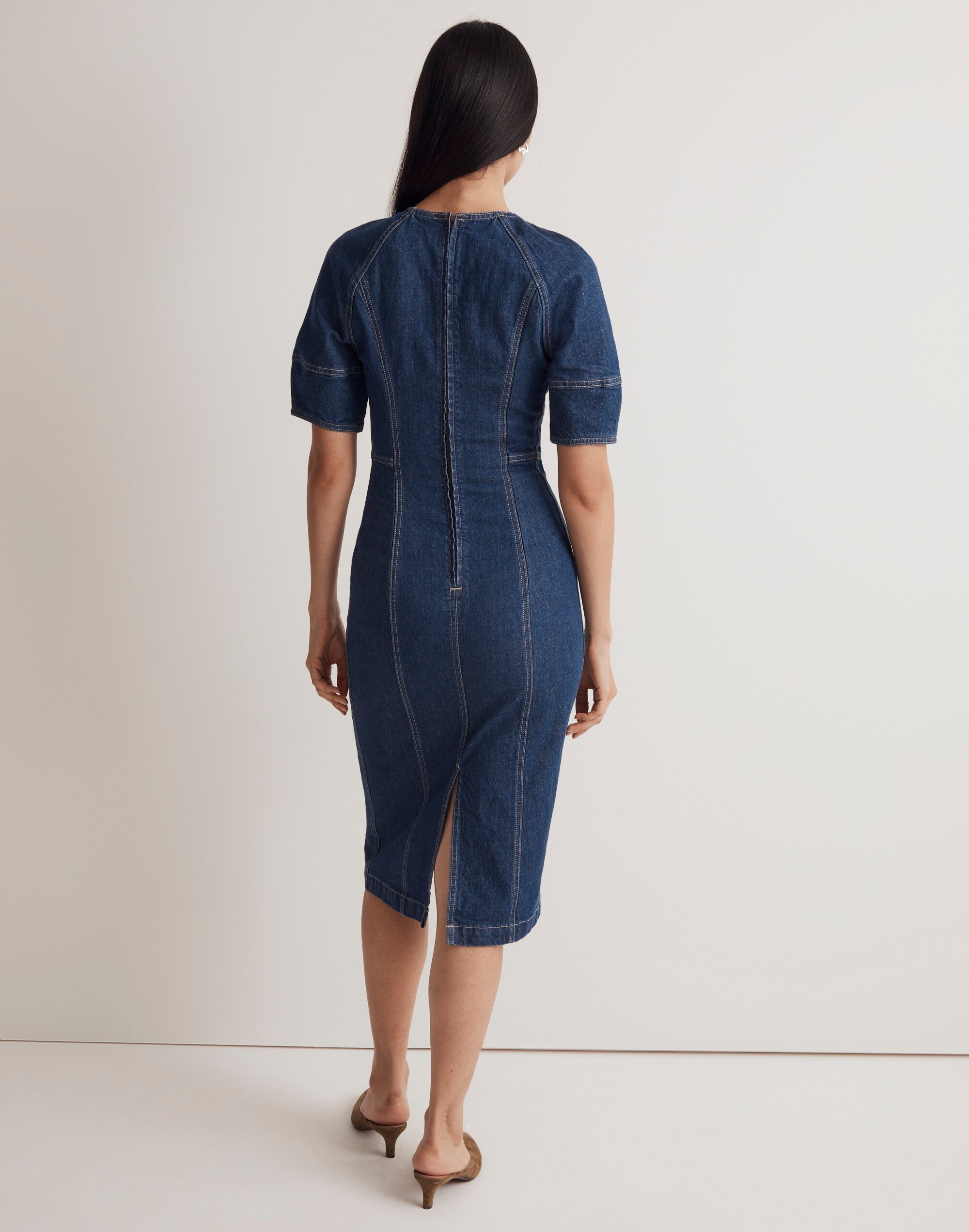 Denim Puff-Sleeve Midi Dress in Allister Wash