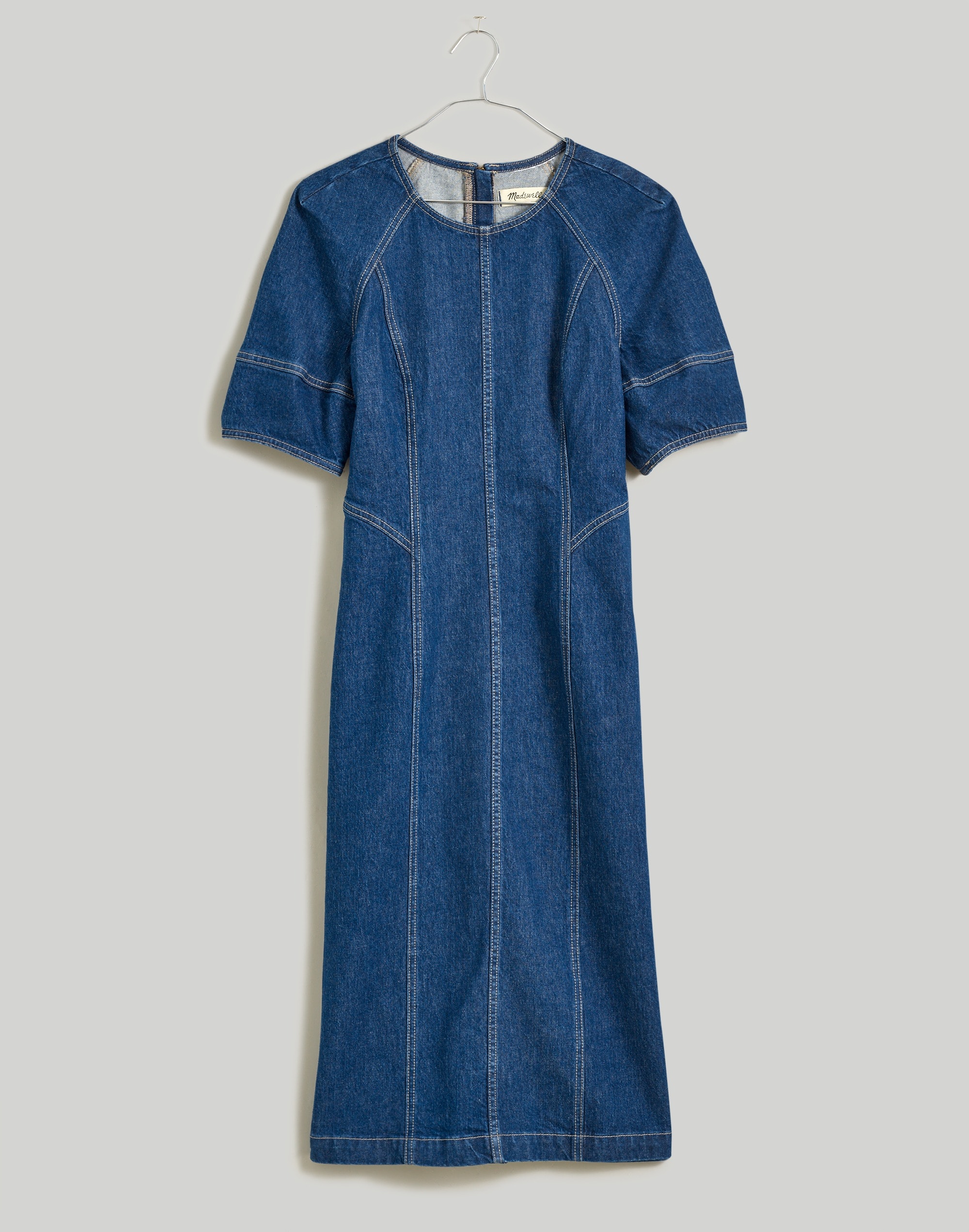 Denim Puff-Sleeve Midi Dress in Allister Wash