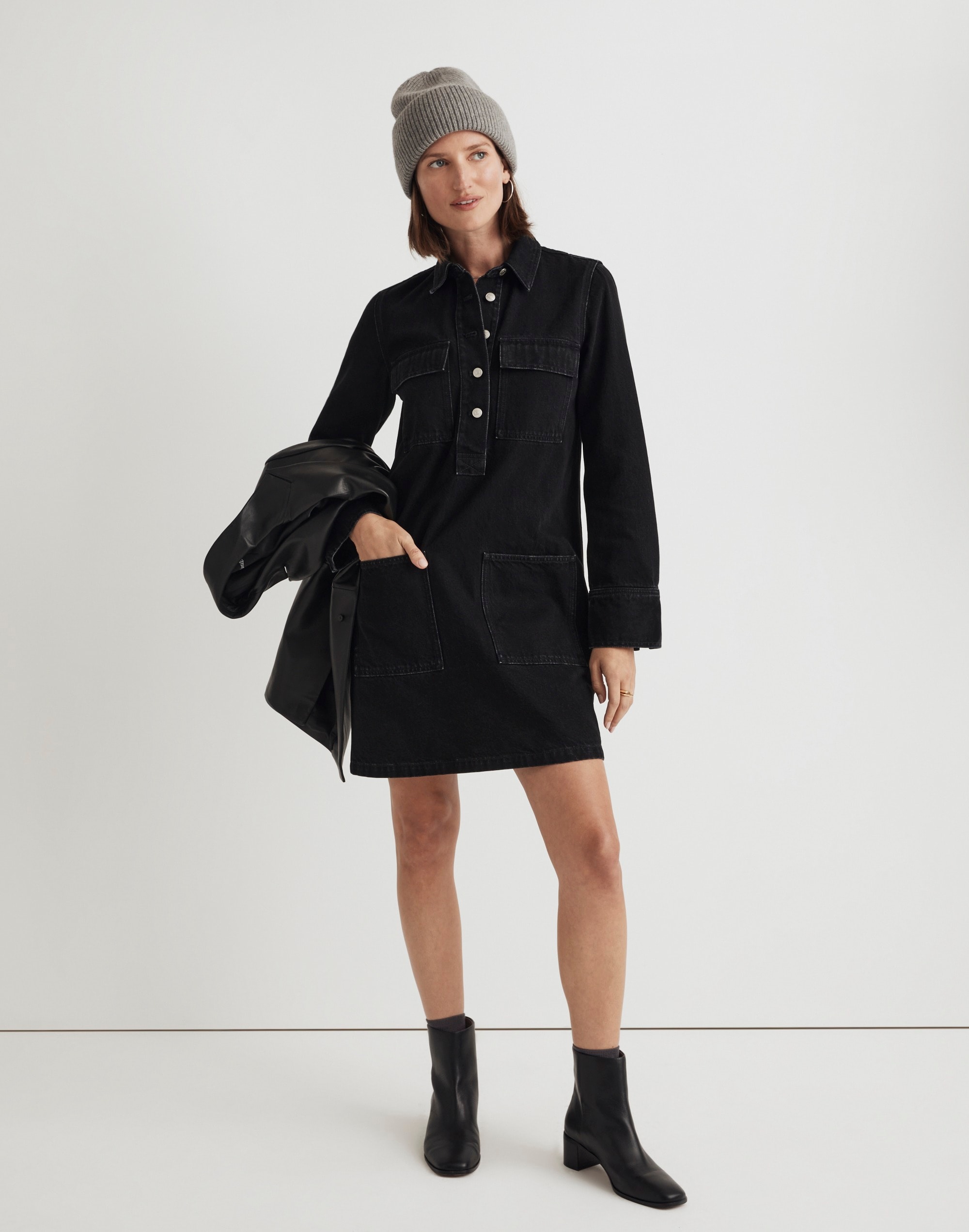 denim popover mini shirtdress in clean black wash