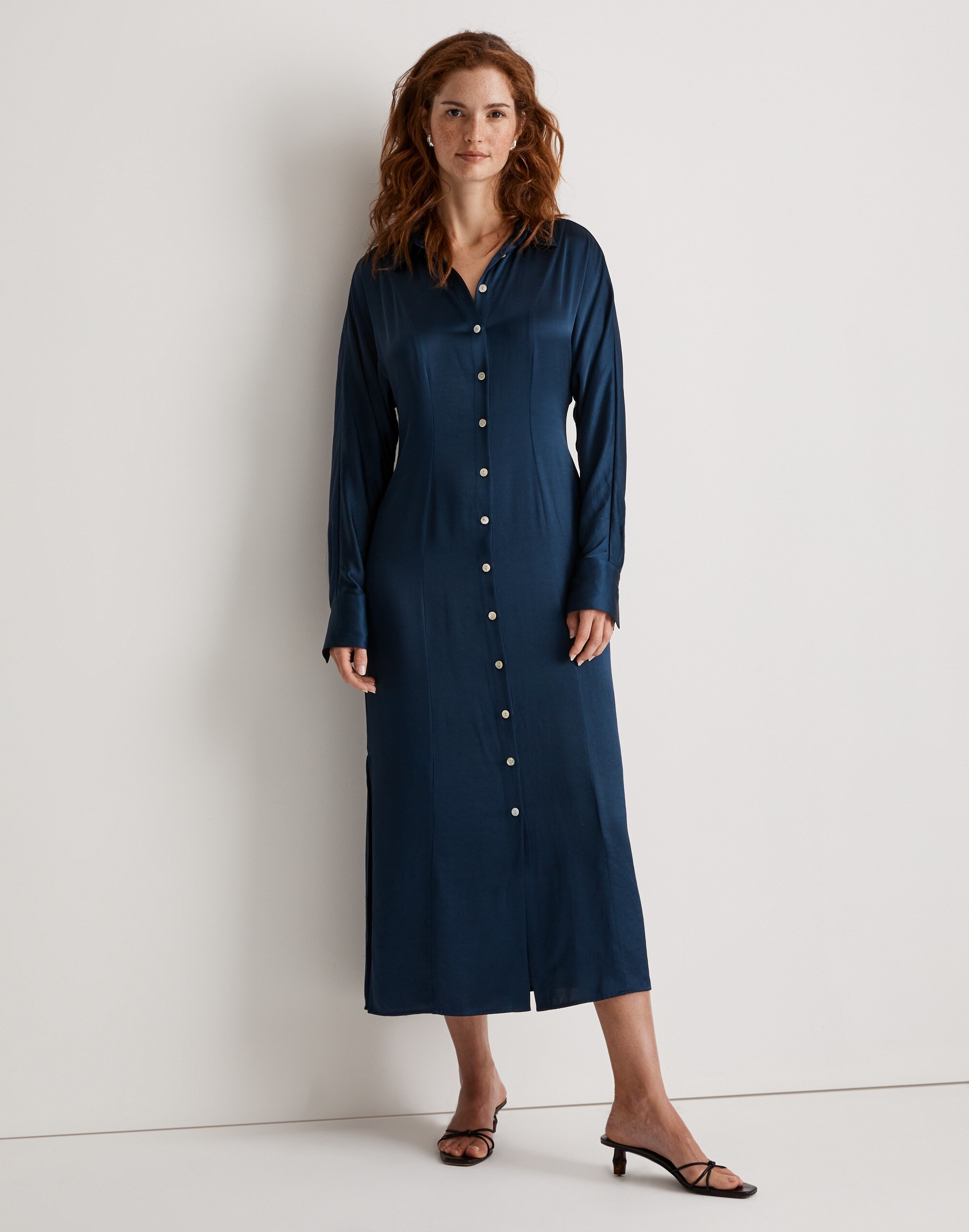 Satin Button-Front Midi Shirtdress