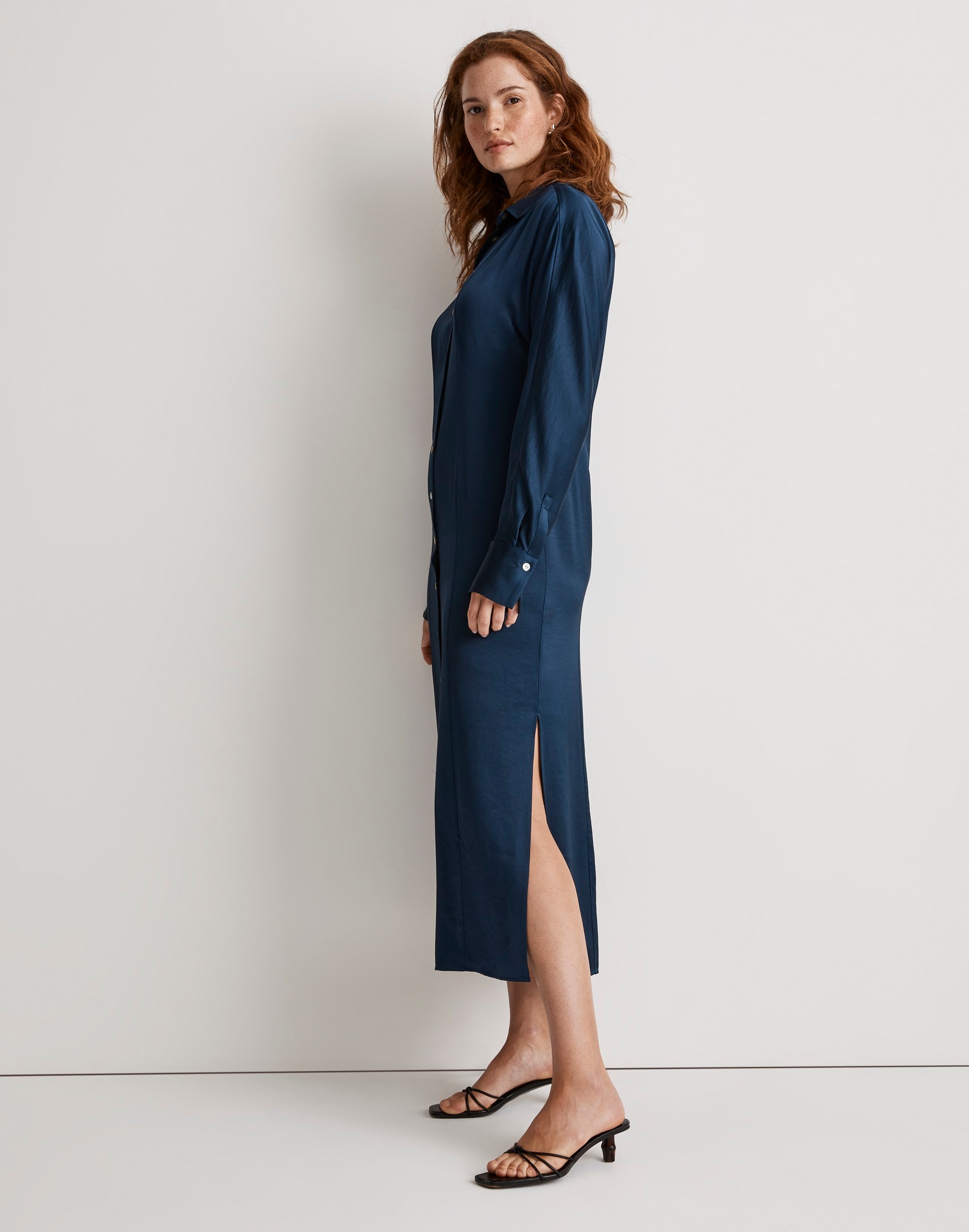 Satin Button-Front Midi Shirtdress