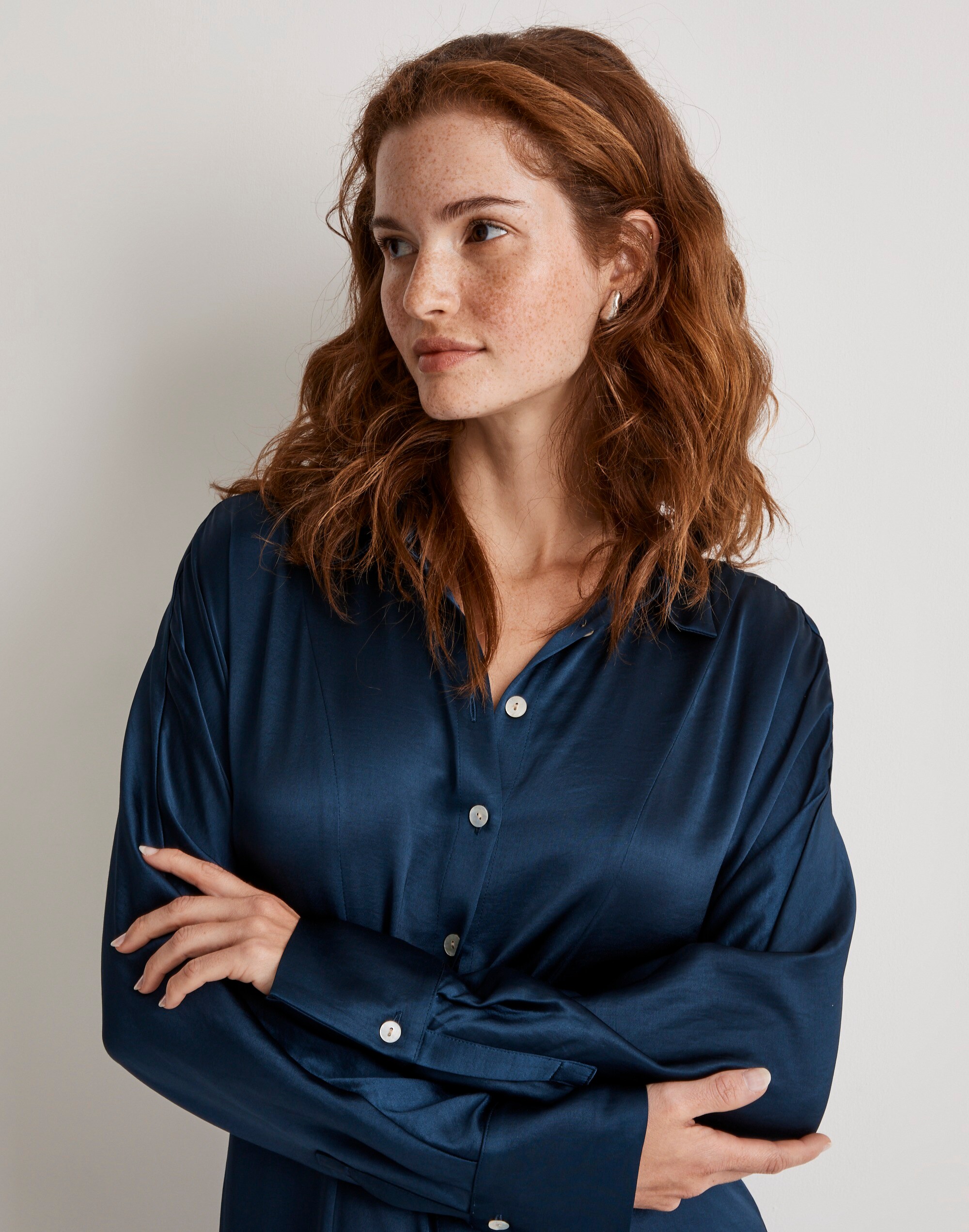 Satin Button-Front Midi Shirtdress