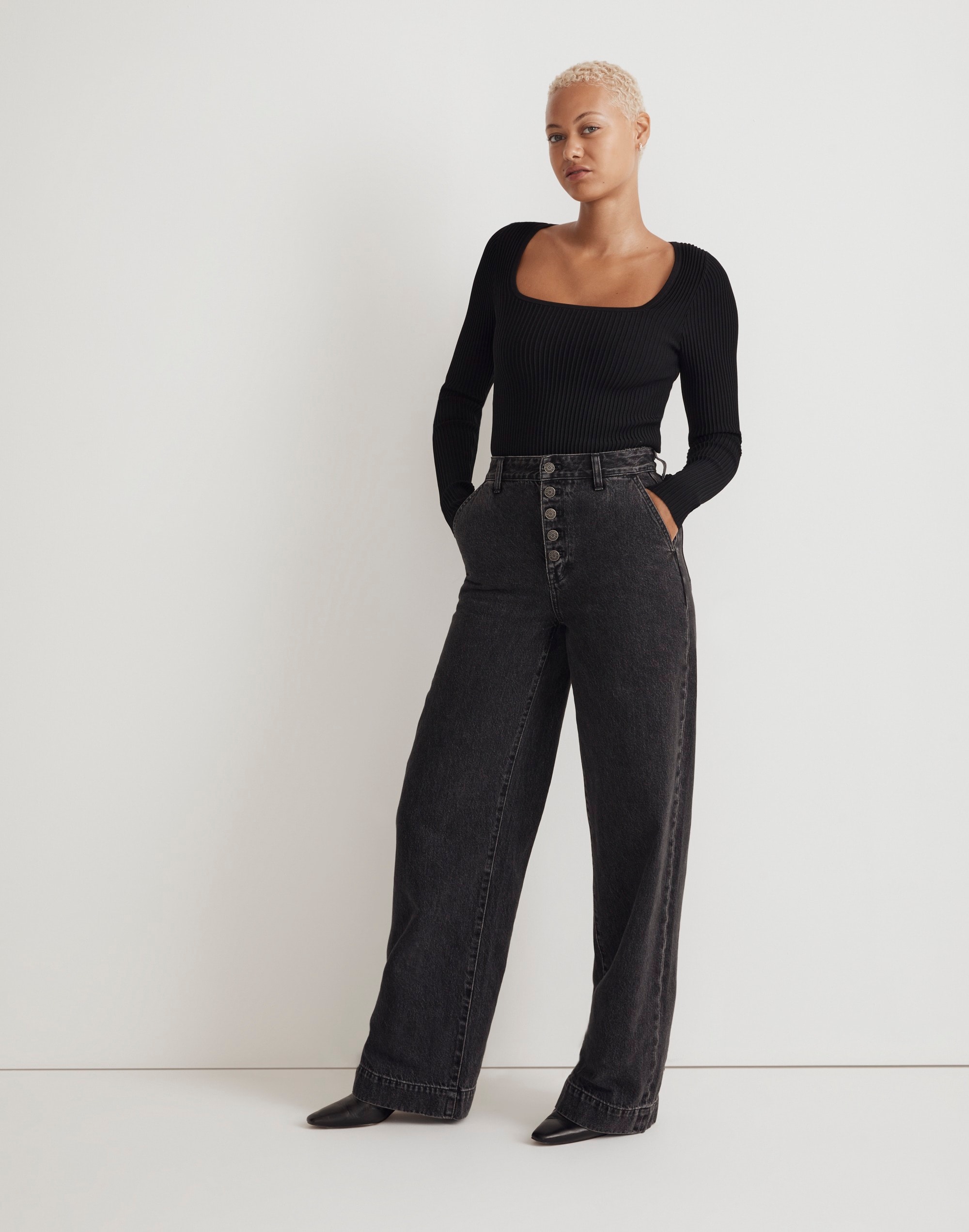 curvy superwide-leg jeans in selwick wash: button-front edition
