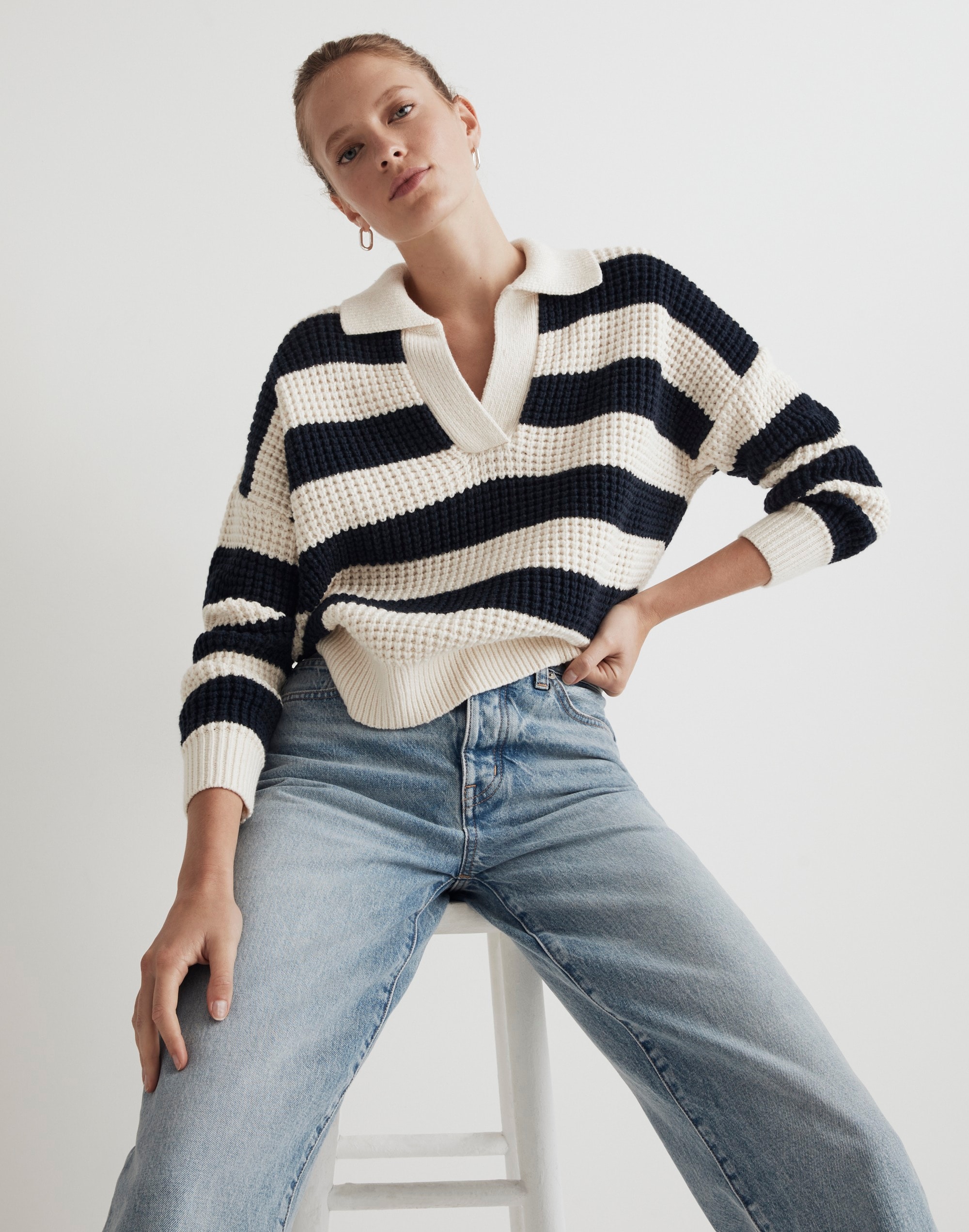 Waffle-Knit Henley Sweater Stripe