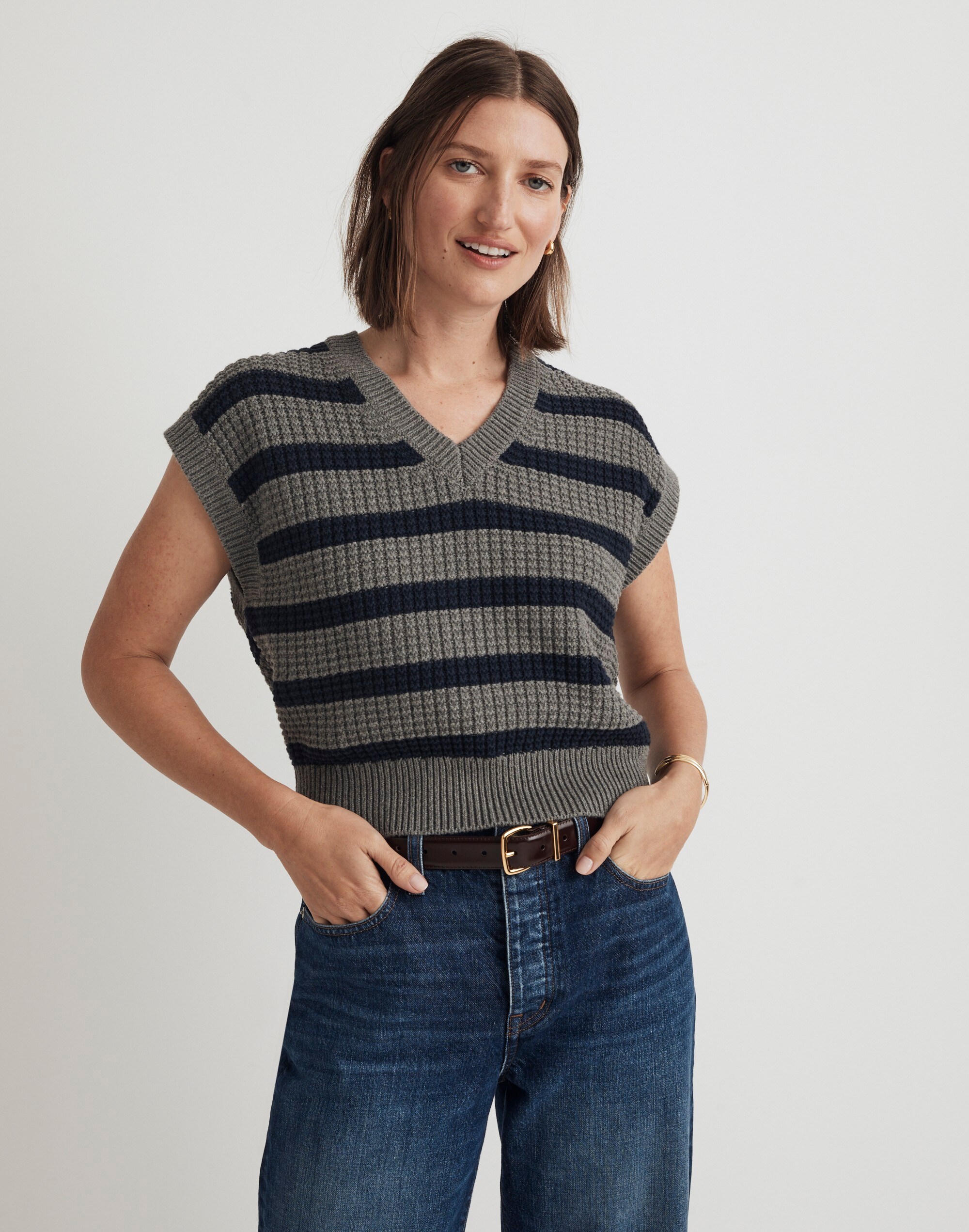 Waffle-Knit Sweater Vest Stripe