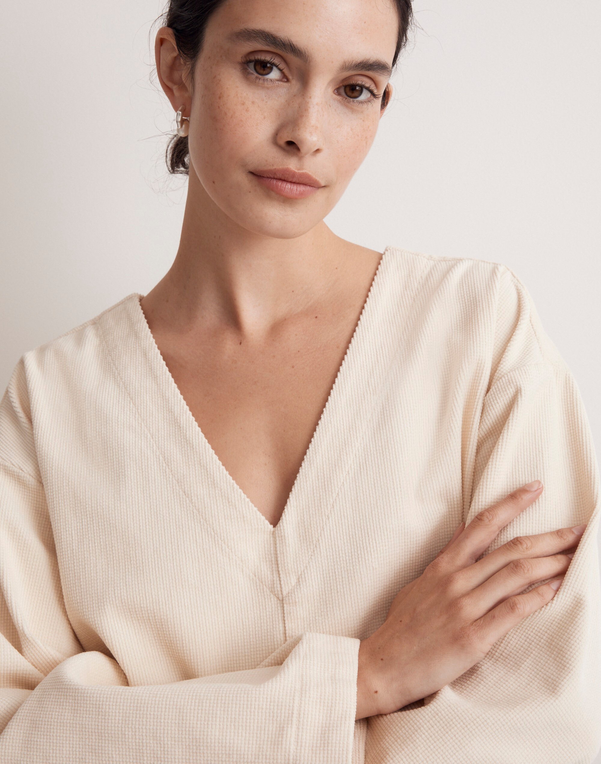 Waffle-Knit Relaxed V-Neck Top