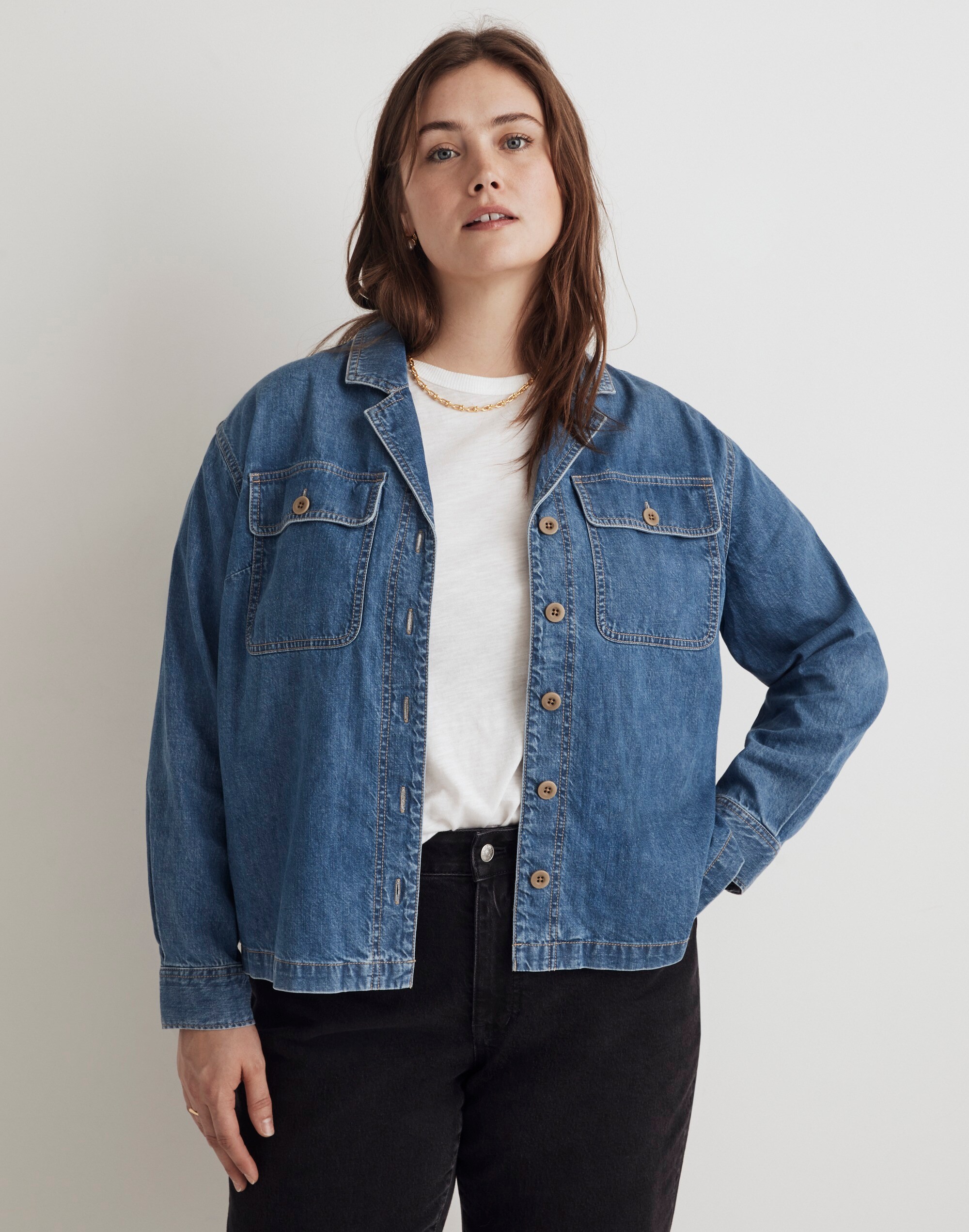 Plus Denim Cropped Button-Up Shirt in Ridgeville Wash