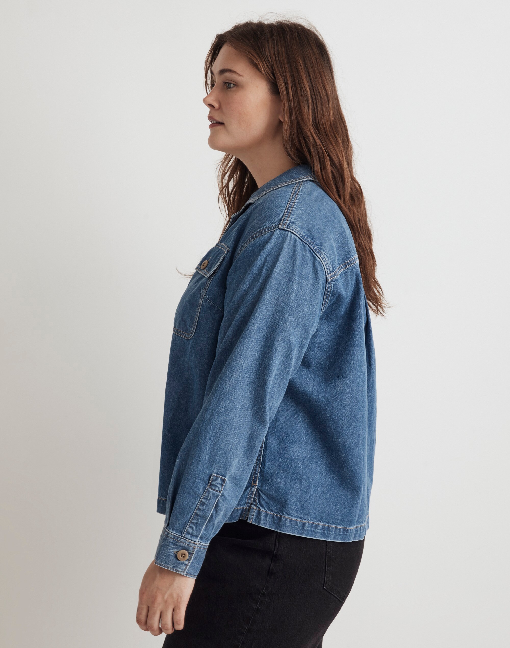 Plus Denim Cropped Button-Up Shirt in Ridgeville Wash