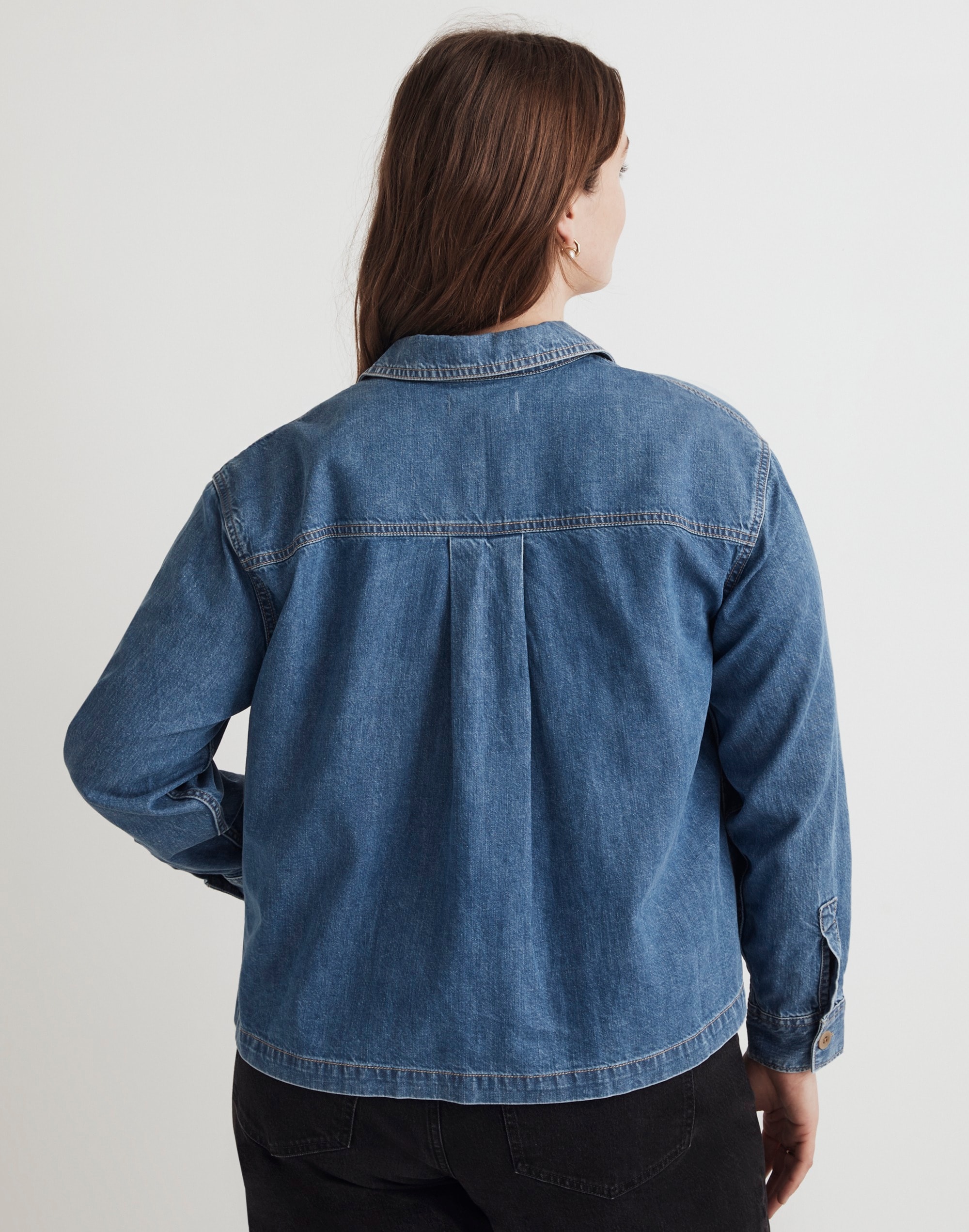 Plus Denim Cropped Button-Up Shirt in Ridgeville Wash