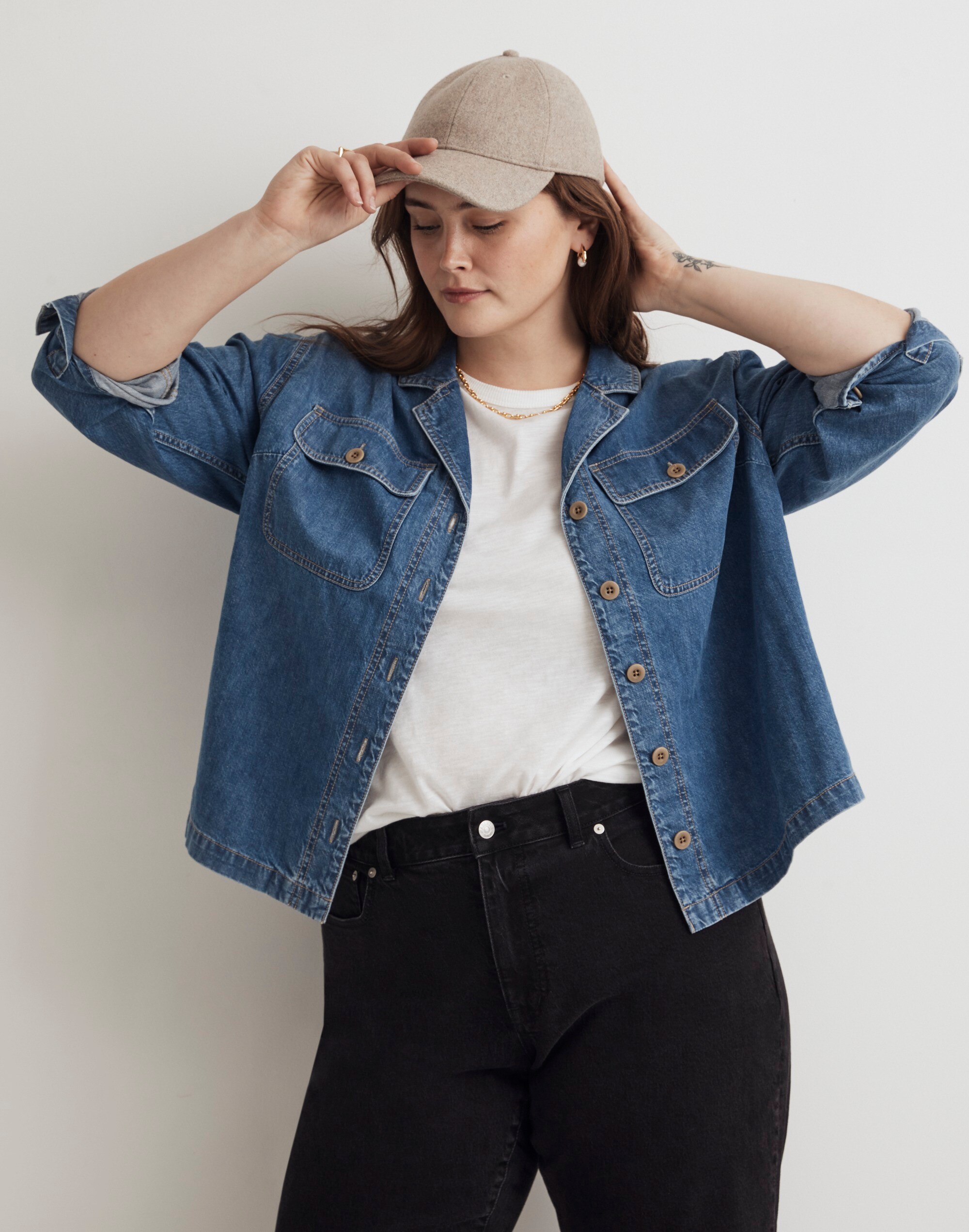 Plus Denim Cropped Button-Up Shirt in Ridgeville Wash