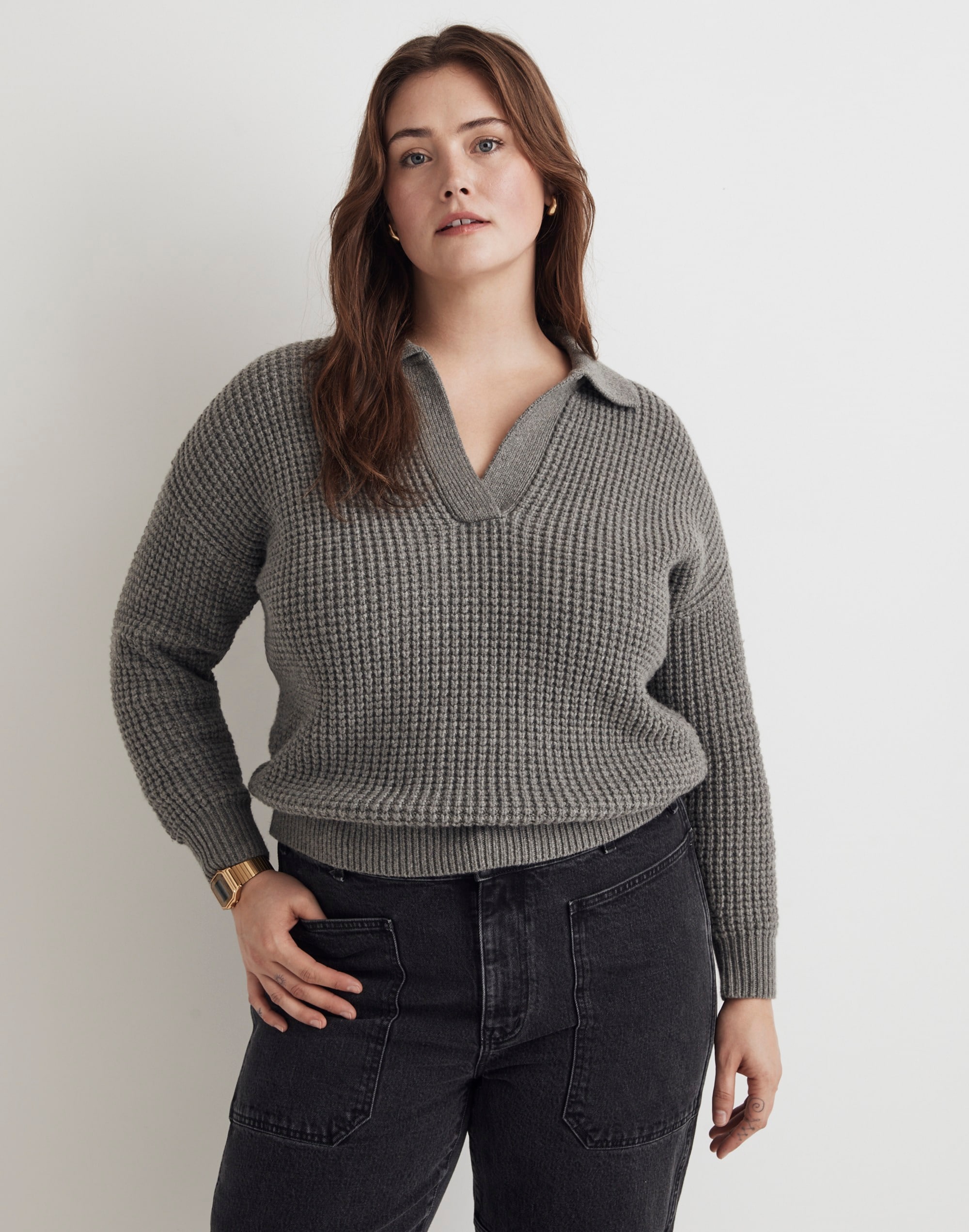 Plus Waffle-Knit Henley Sweater