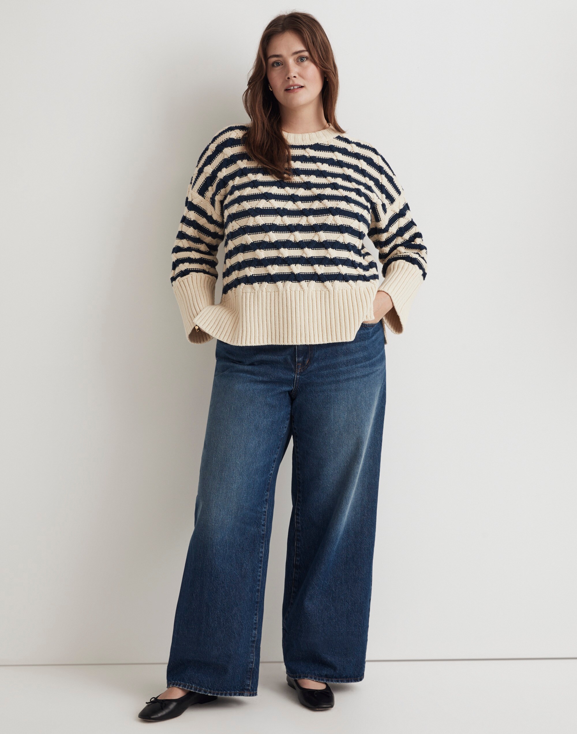 Plus Cable-Knit Oversized Sweater in Stripe