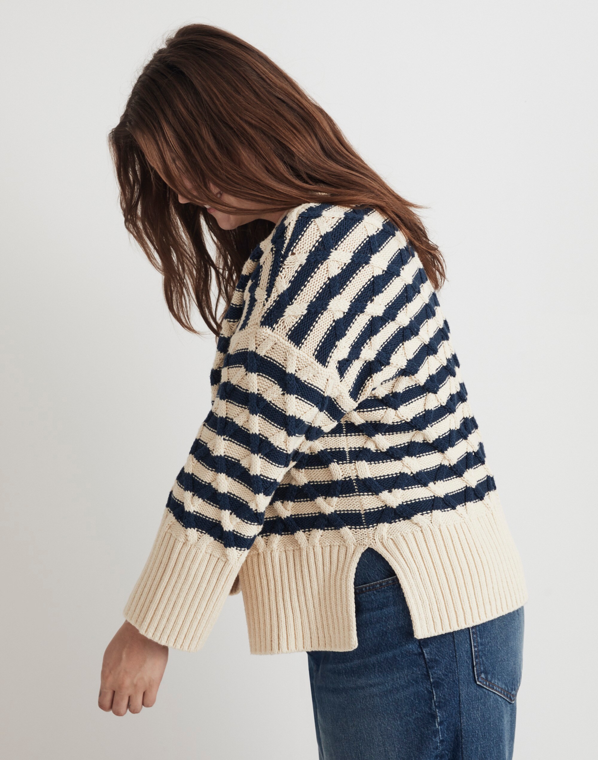Plus Cable-Knit Oversized Sweater in Stripe