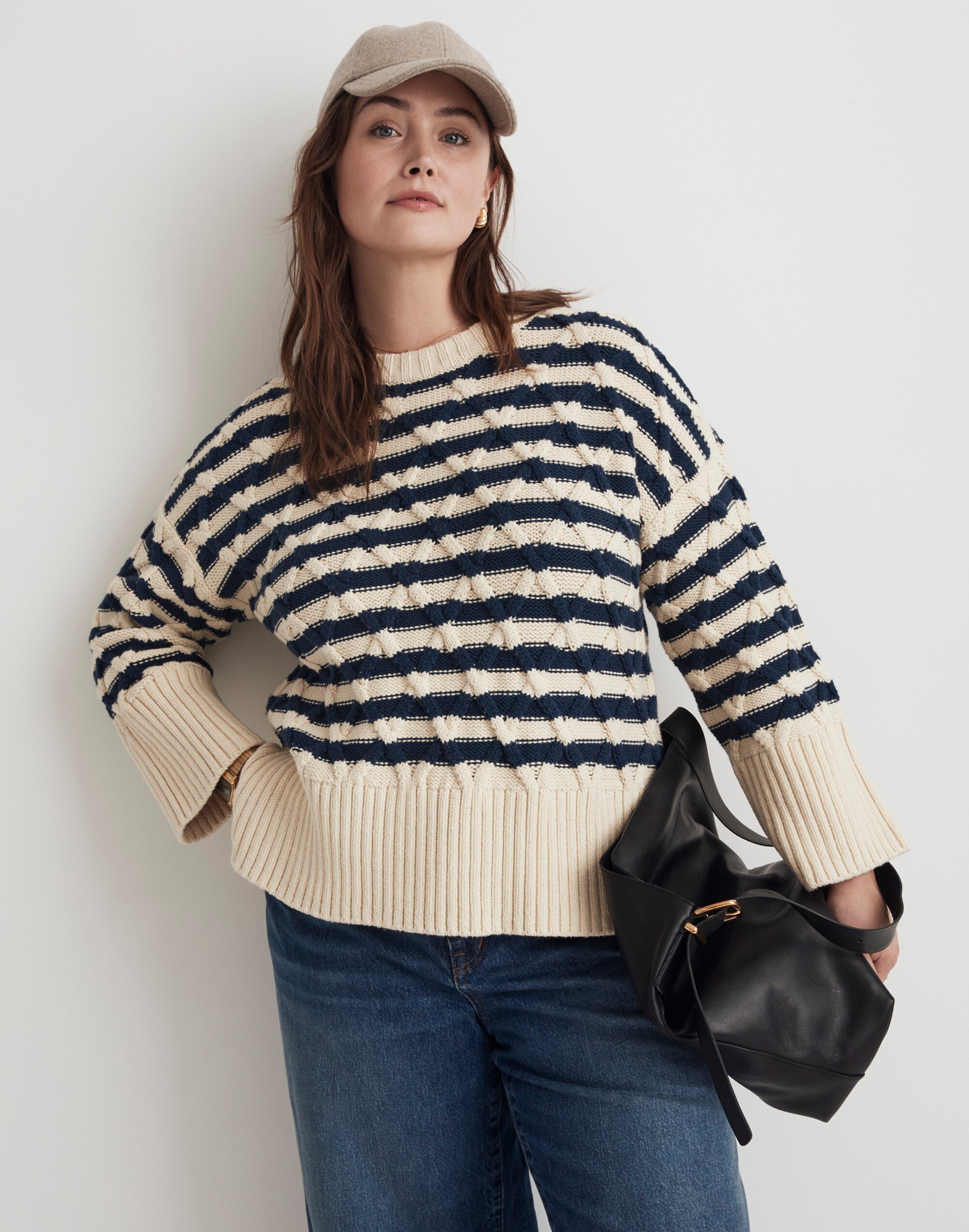 Plus Cable-Knit Oversized Sweater in Stripe