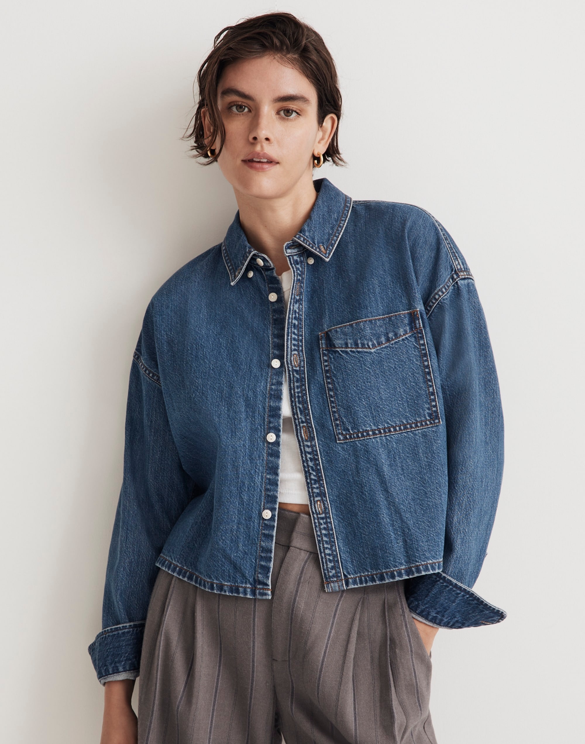 Denim Oversized Button-Down Shirt in Sander Wash