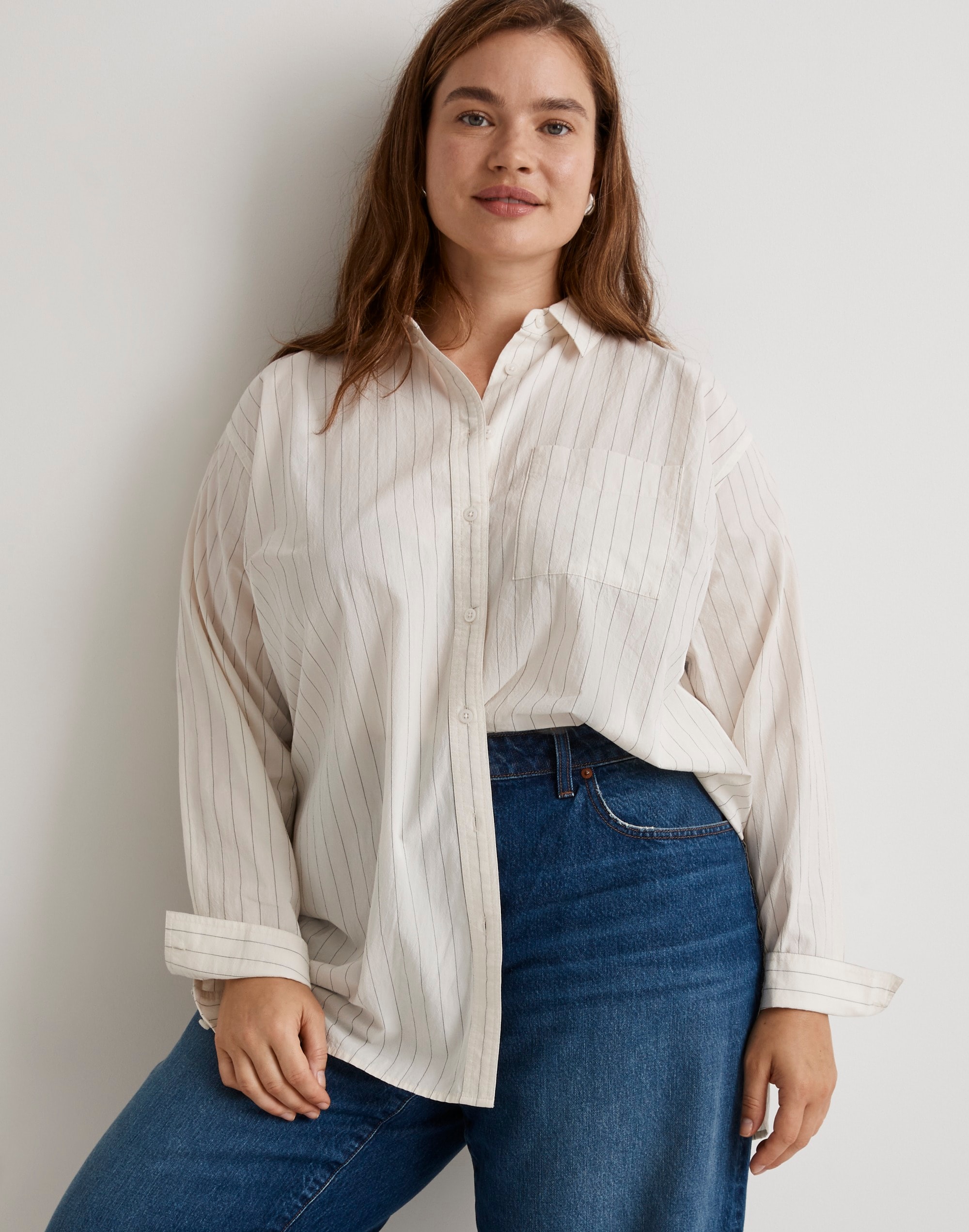 Plus Signature Poplin Oversized Patch Pocket Shirt in Stripe