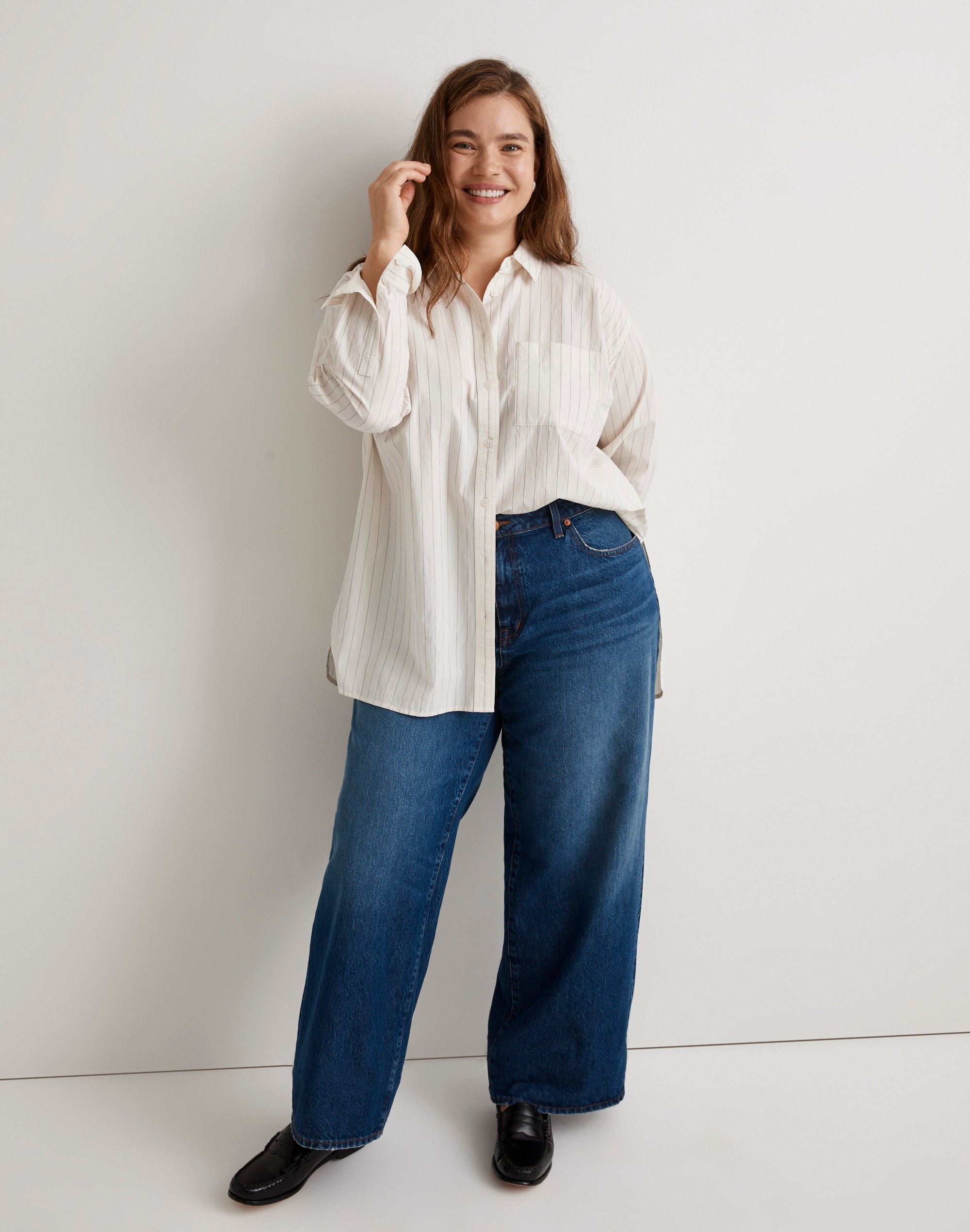 plus signature poplin oversized patch pocket shirt in stripe