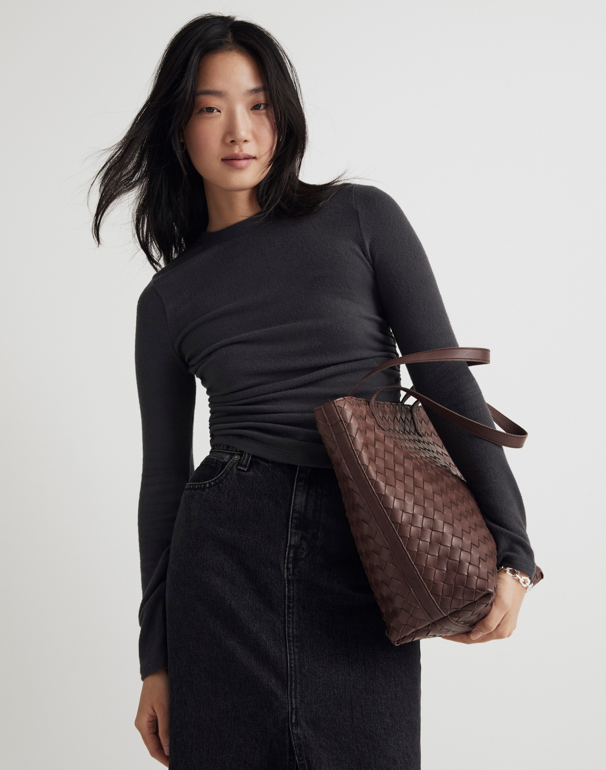 Brushed Jersey Ruched Long-Sleeve Tee