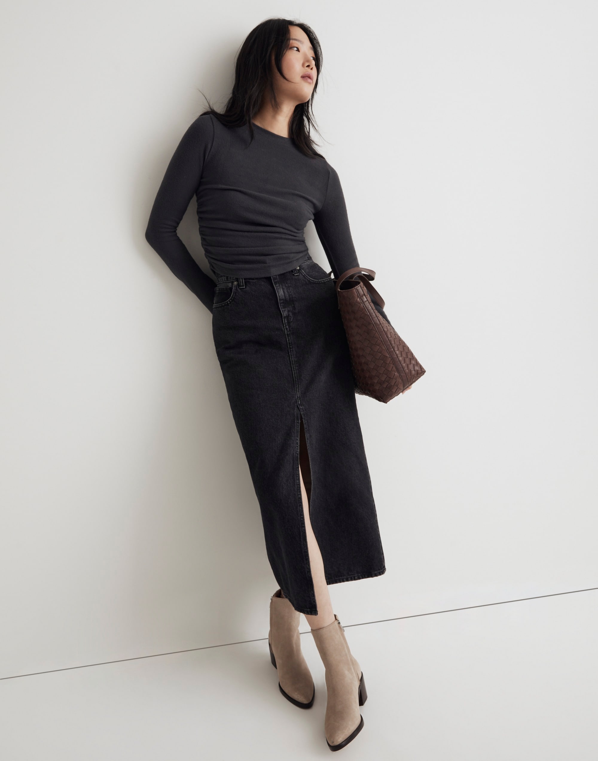 Brushed Jersey Ruched Long-Sleeve Tee