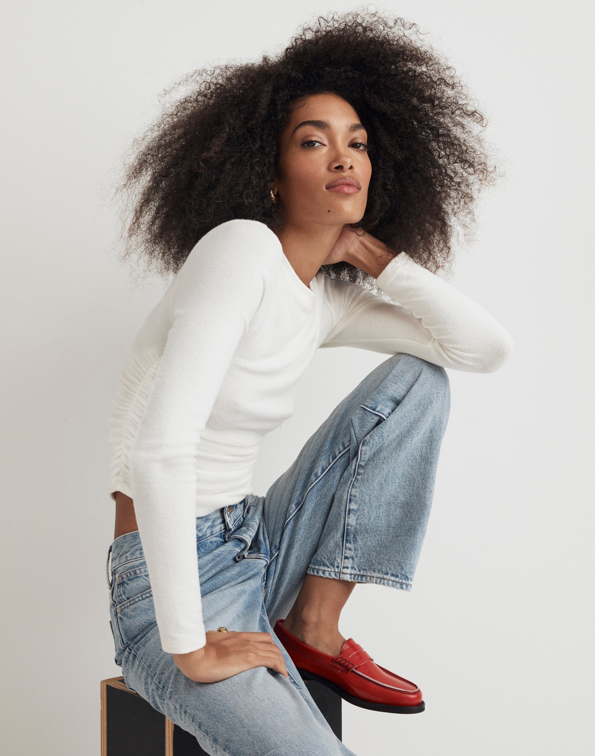 Brushed Jersey Ruched Long-Sleeve Tee