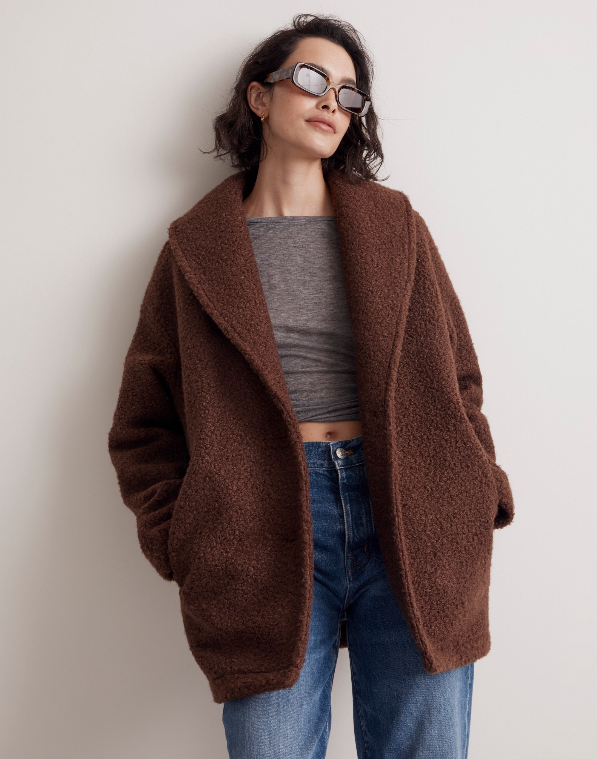 pebbled faux shearling shawl collar coat