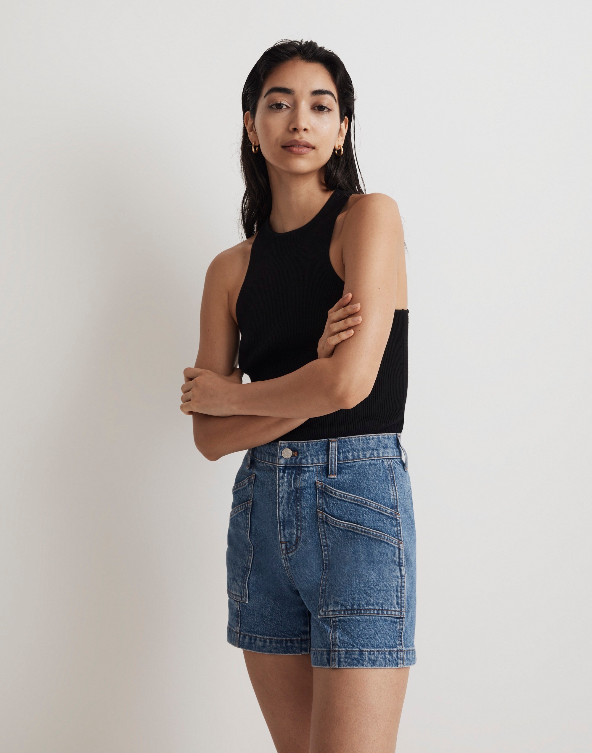 The Perfect Vintage Mid-Length Cargo Jean Short in Fernlane Wash