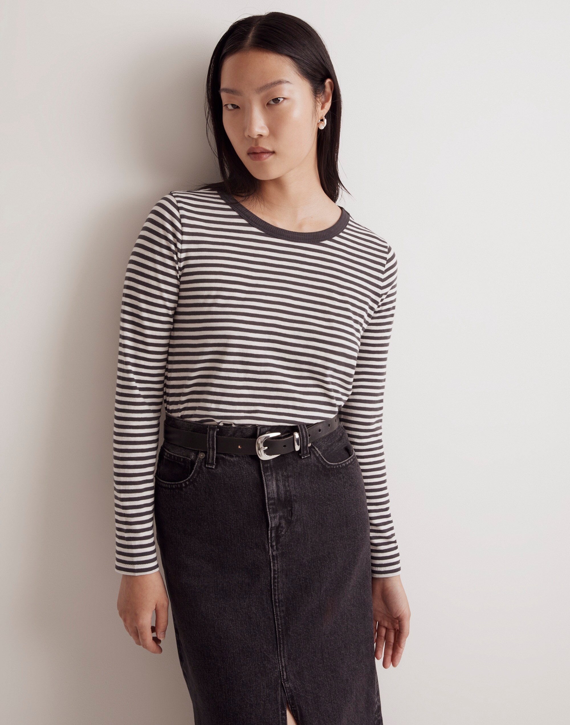 Whisper Cotton Rib-Crewneck Long-Sleeve Tee