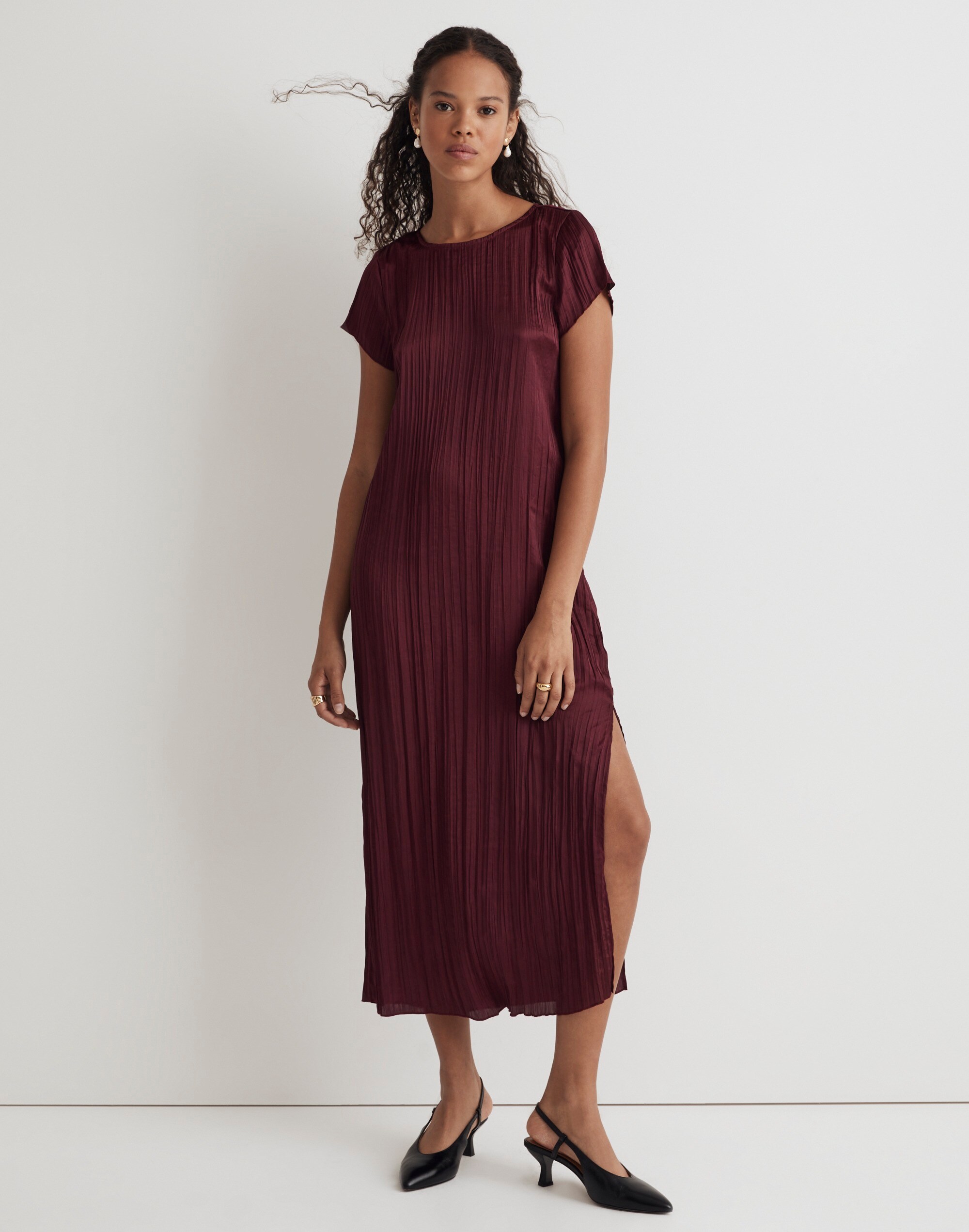 Petite Short-Sleeve Slip Midi Dress in Pliss&eacute;