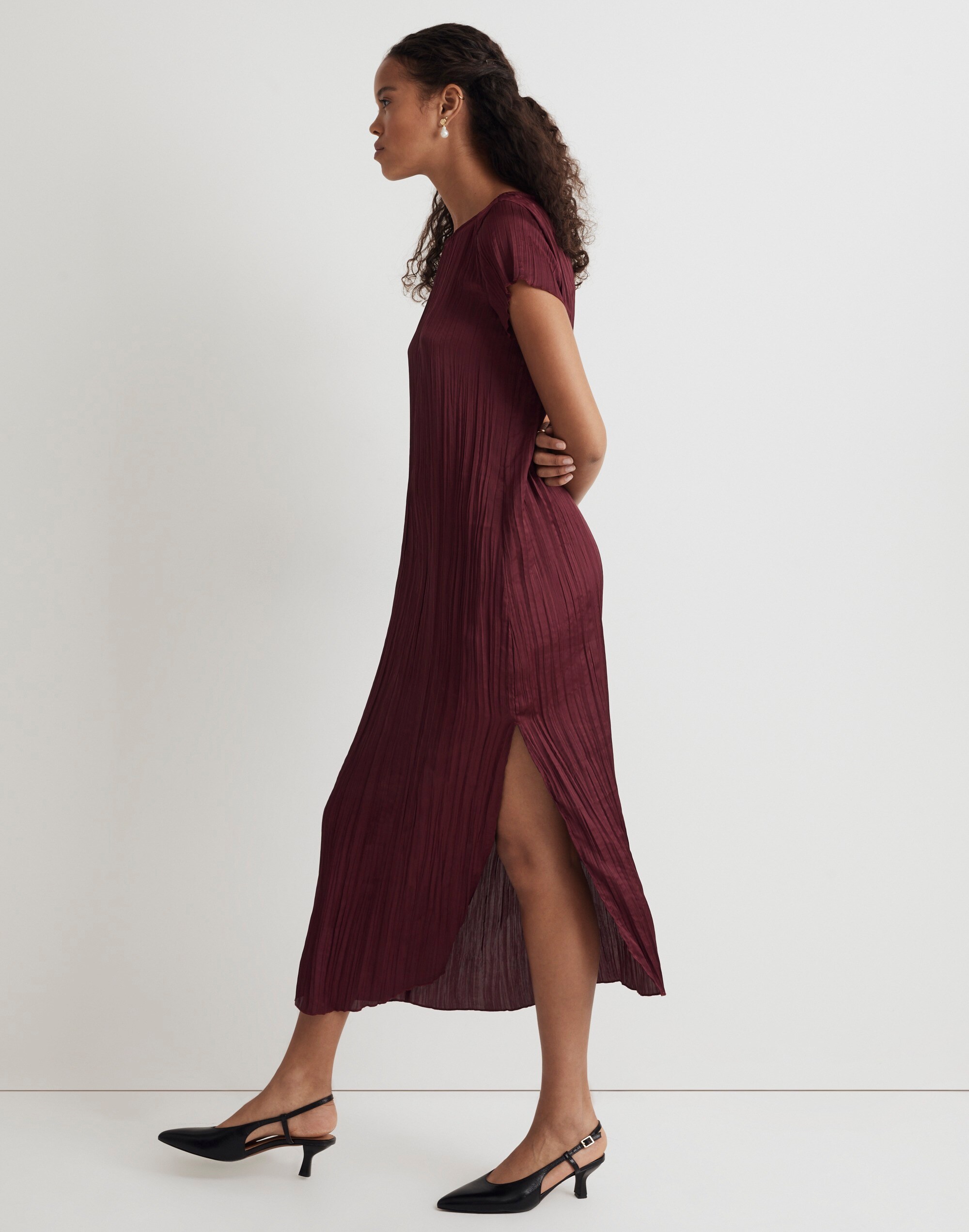 Petite Short-Sleeve Slip Midi Dress in Pliss&eacute;