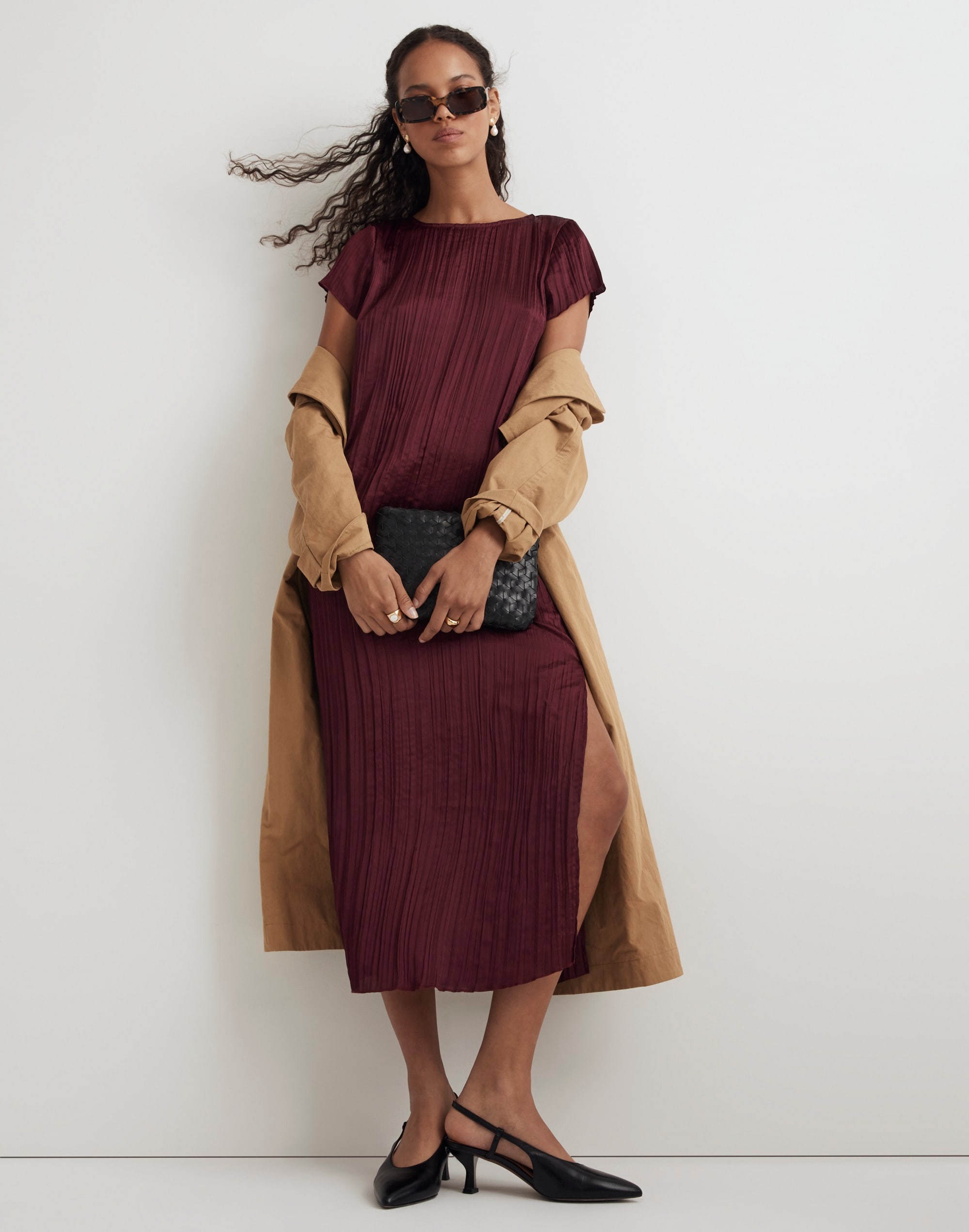 Petite Short-Sleeve Slip Midi Dress in Pliss&eacute;