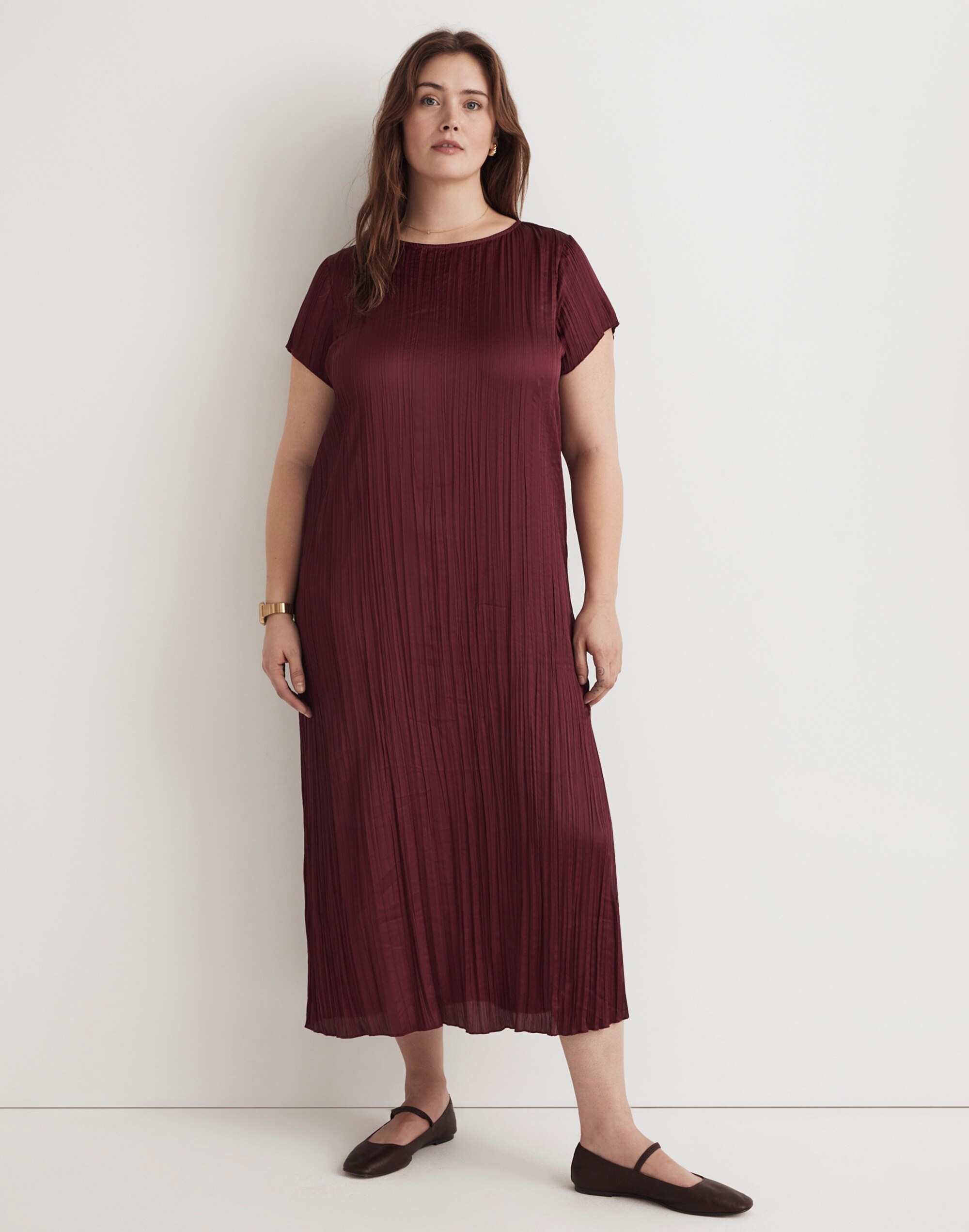 Plus Short-Sleeve Slip Midi Dress in Pliss&eacute;