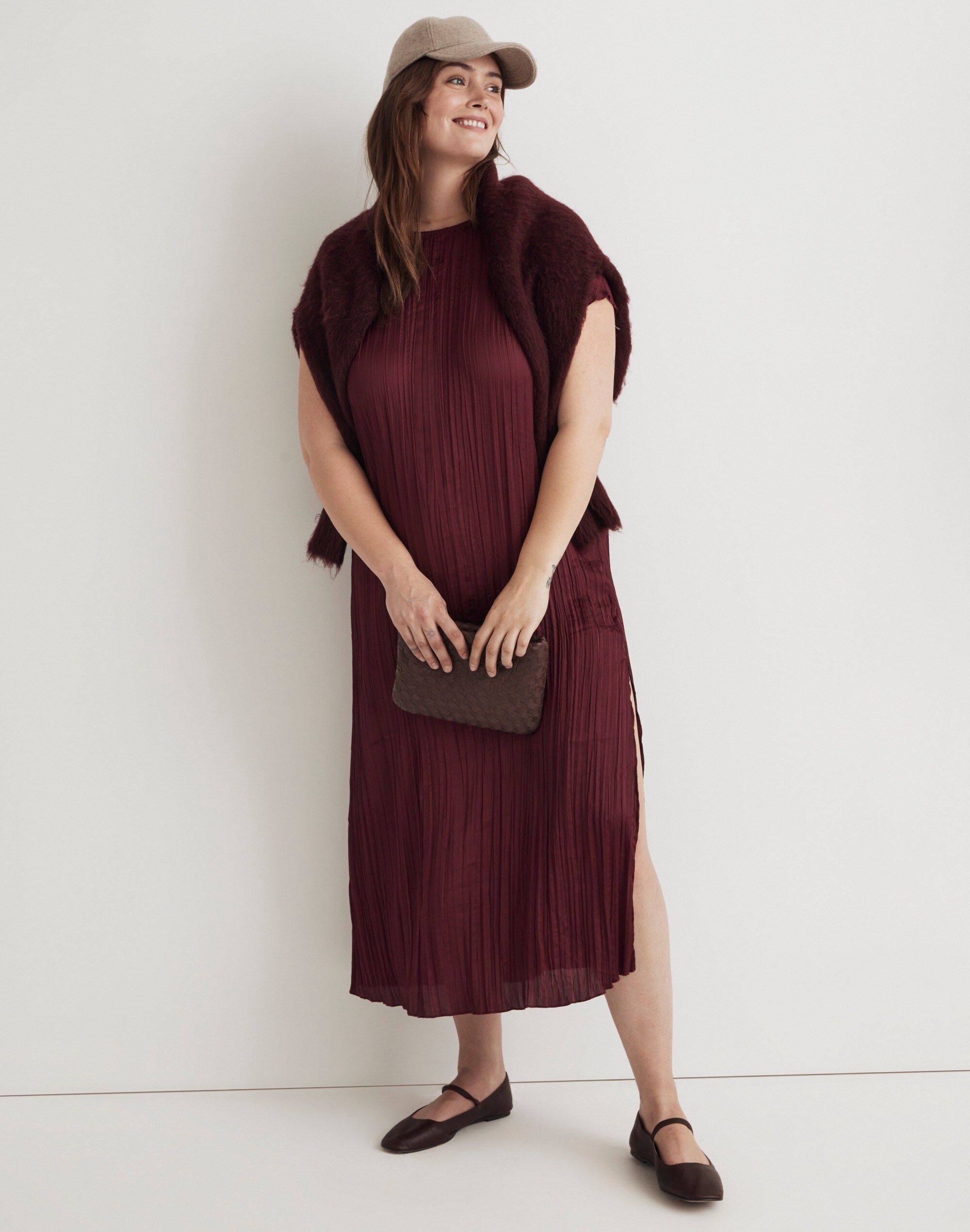 Plus Short-Sleeve Slip Midi Dress in Pliss&eacute;