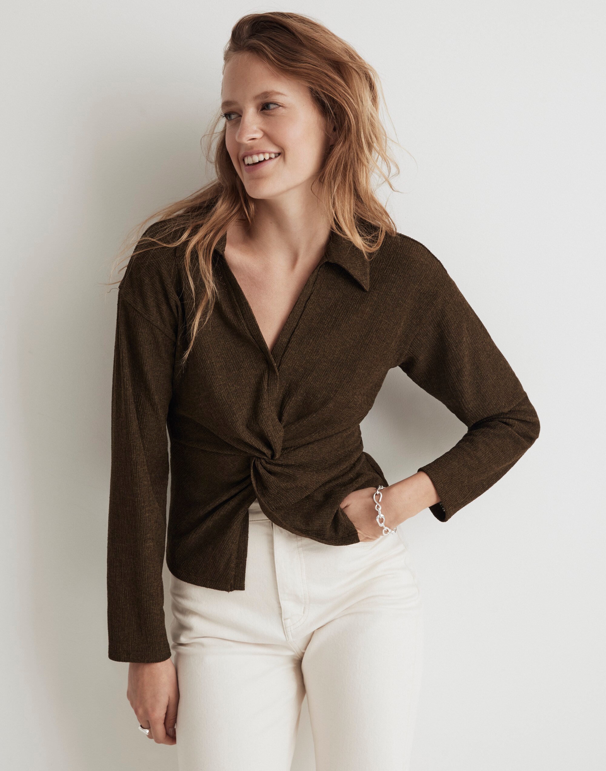 Twist-Front Long-Sleeve Top