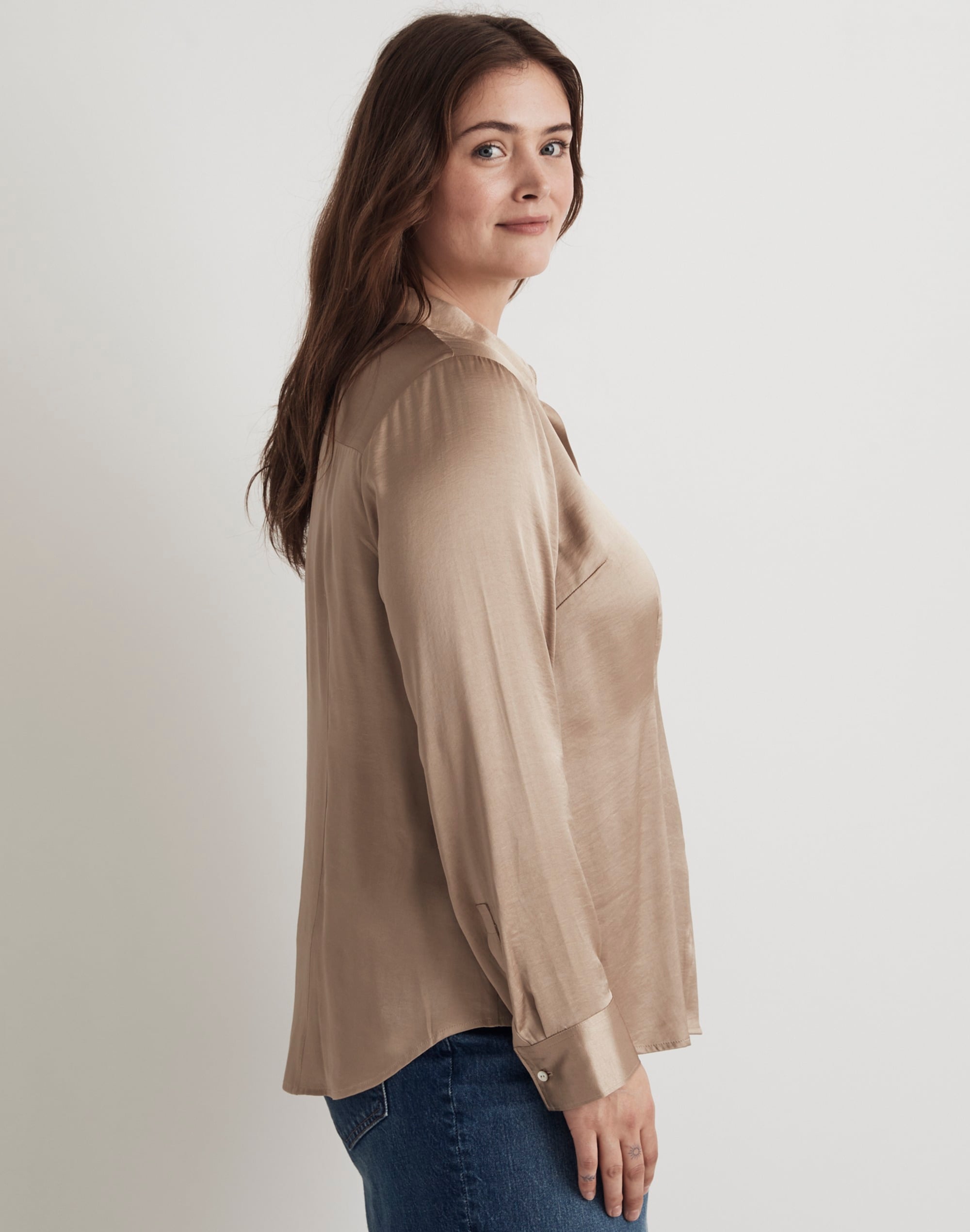 Plus Darted Button-Up Shirt in Satin