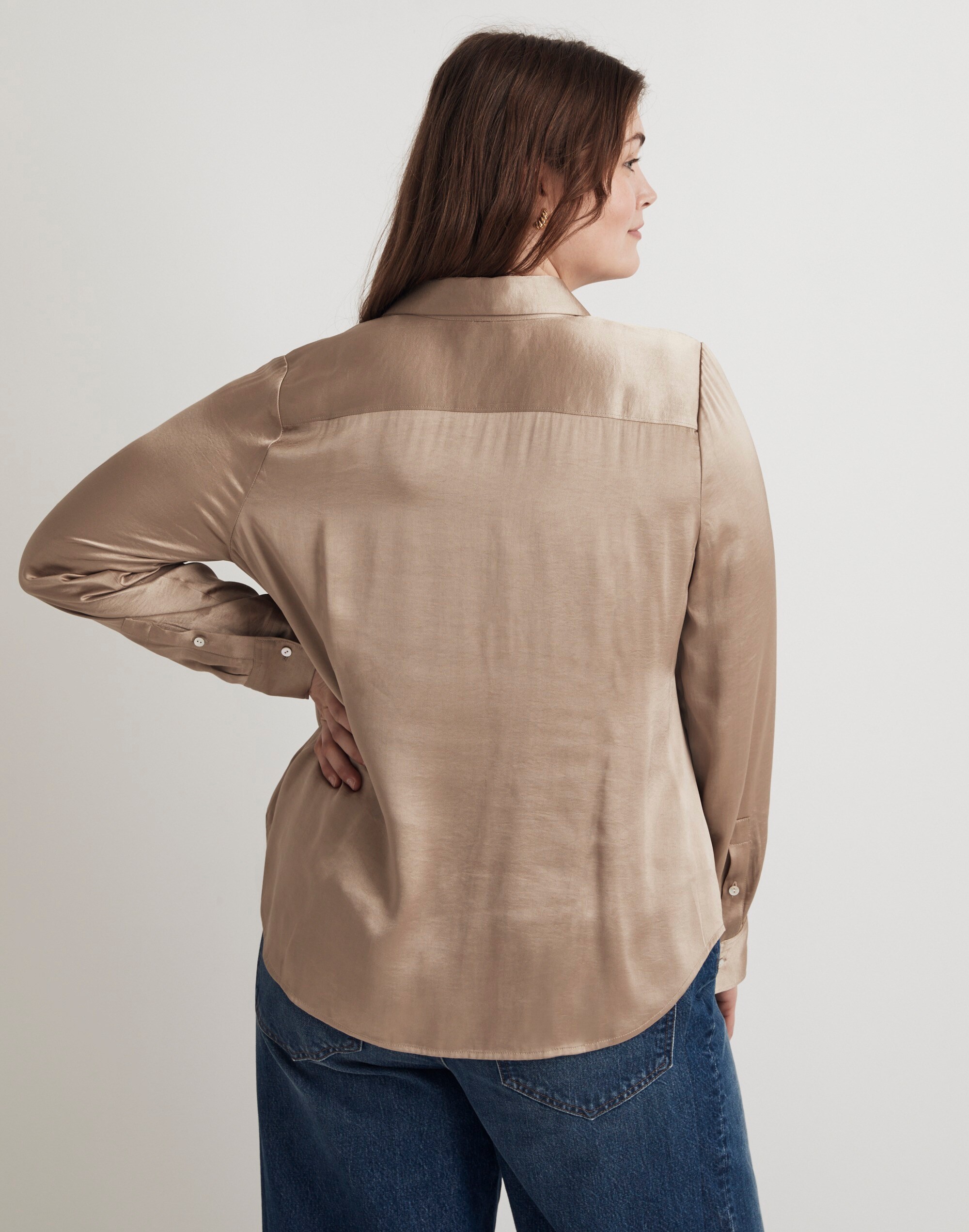 Plus Darted Button-Up Shirt in Satin