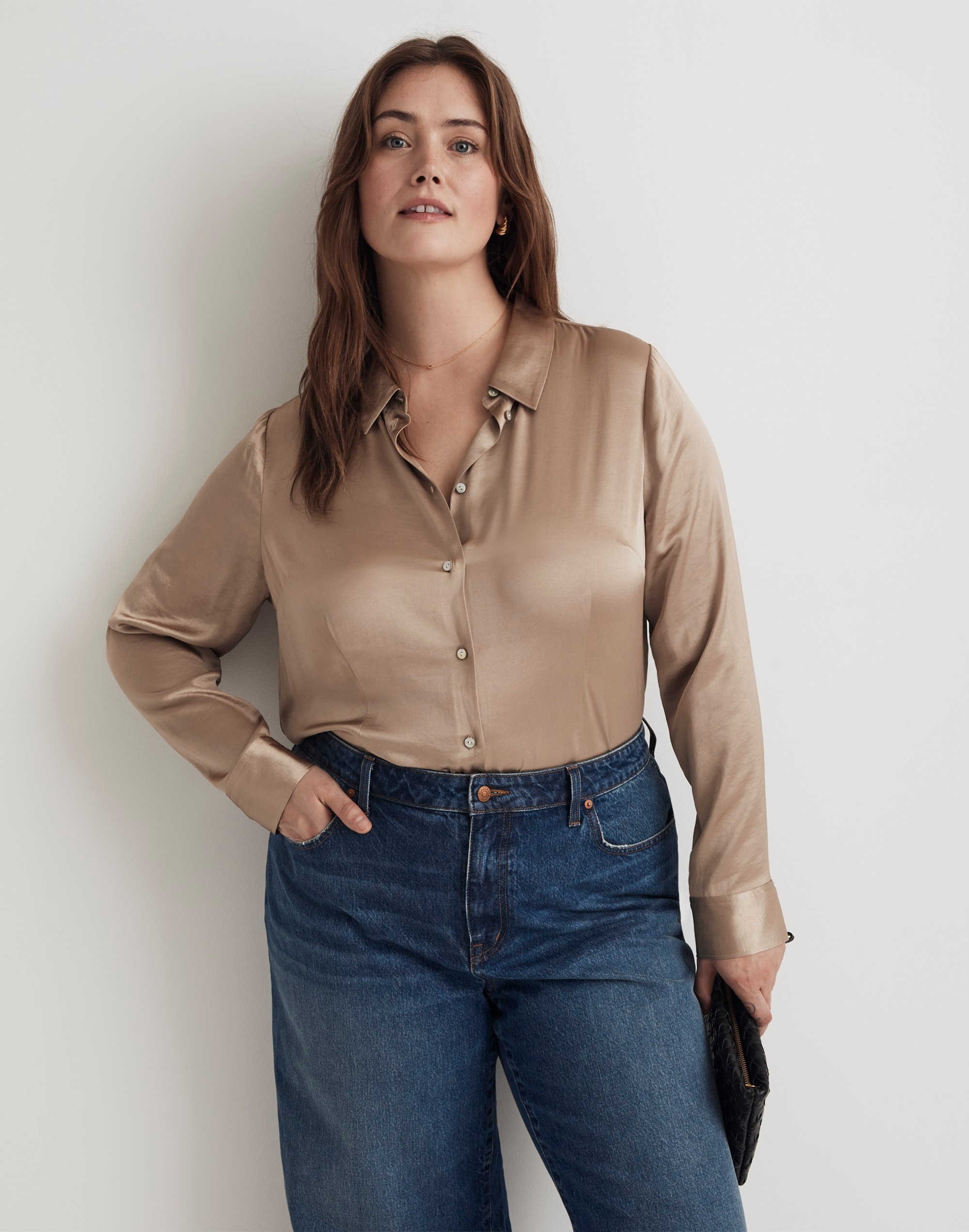 Plus Darted Button-Up Shirt in Satin