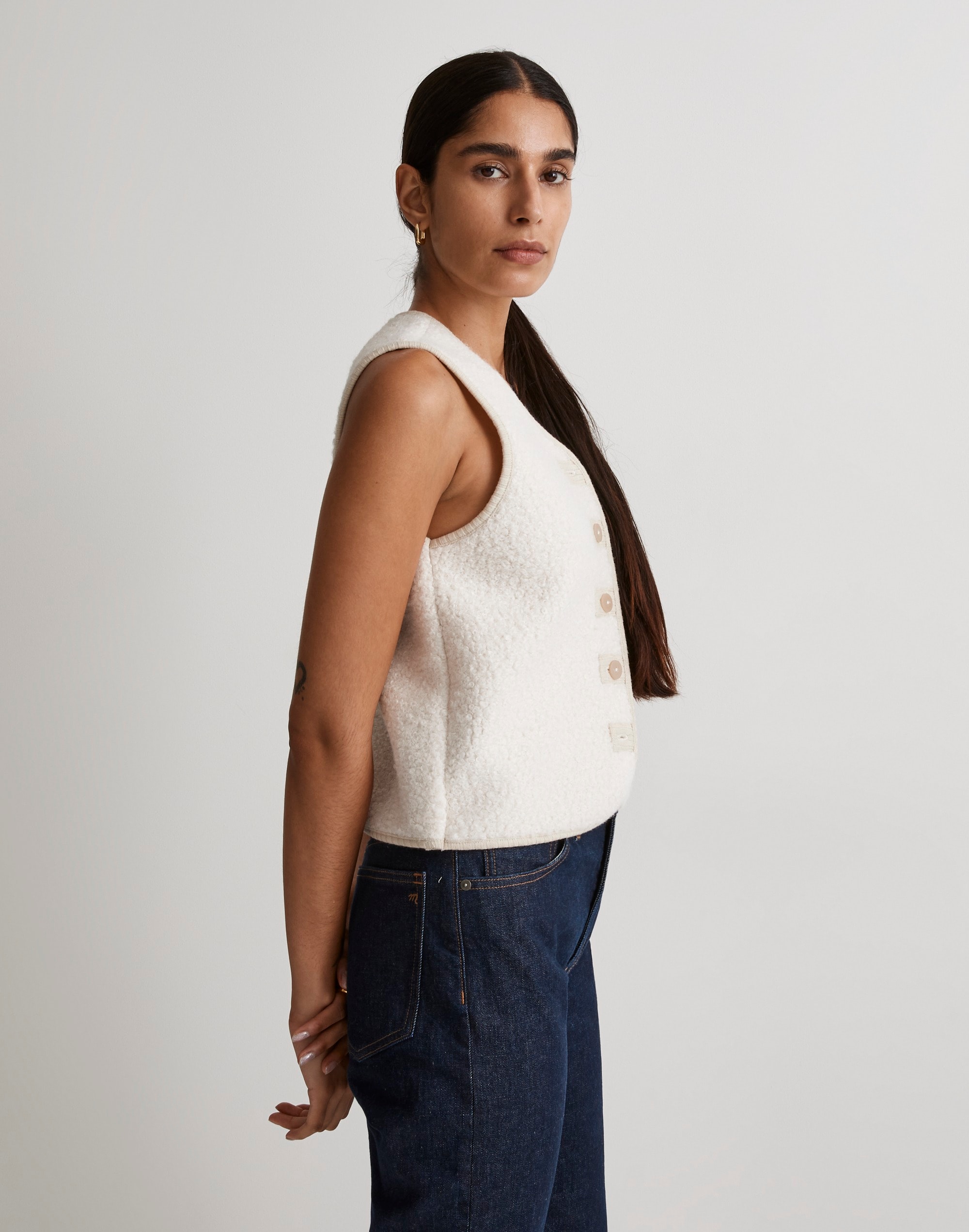 Pebbled Faux Shearling Button-Front Vest