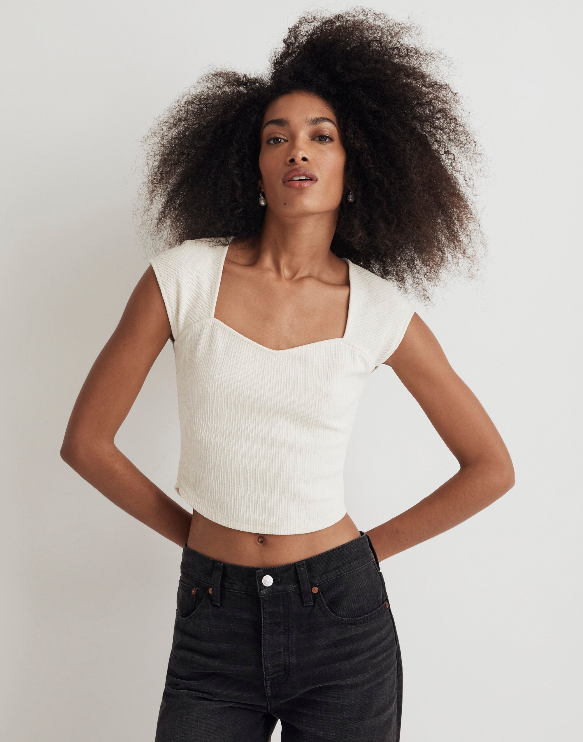 Jacquard Cap-Sleeve Sweetheart Cropped Top