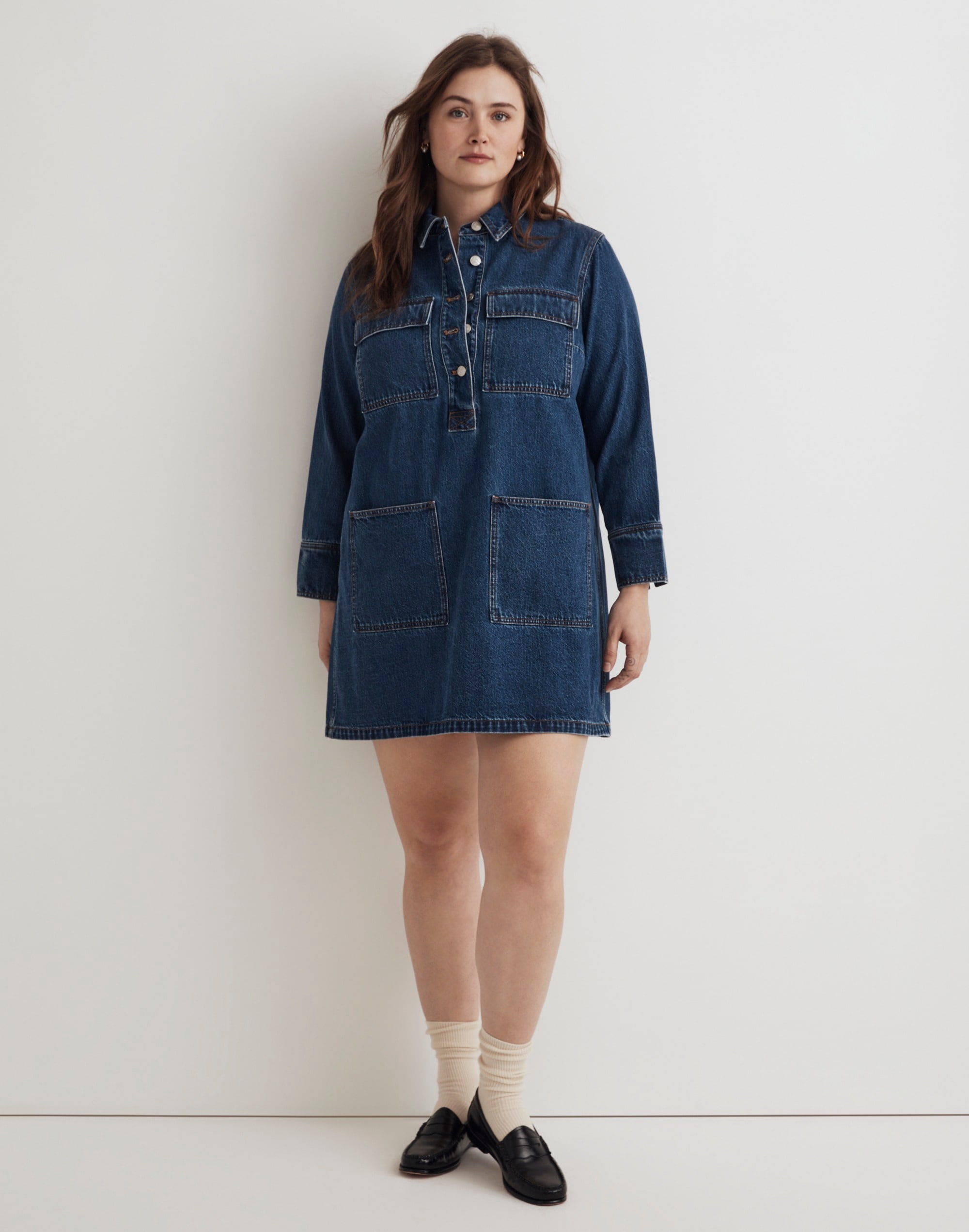 Plus Denim Popover Mini Shirtdress in Sennet Wash