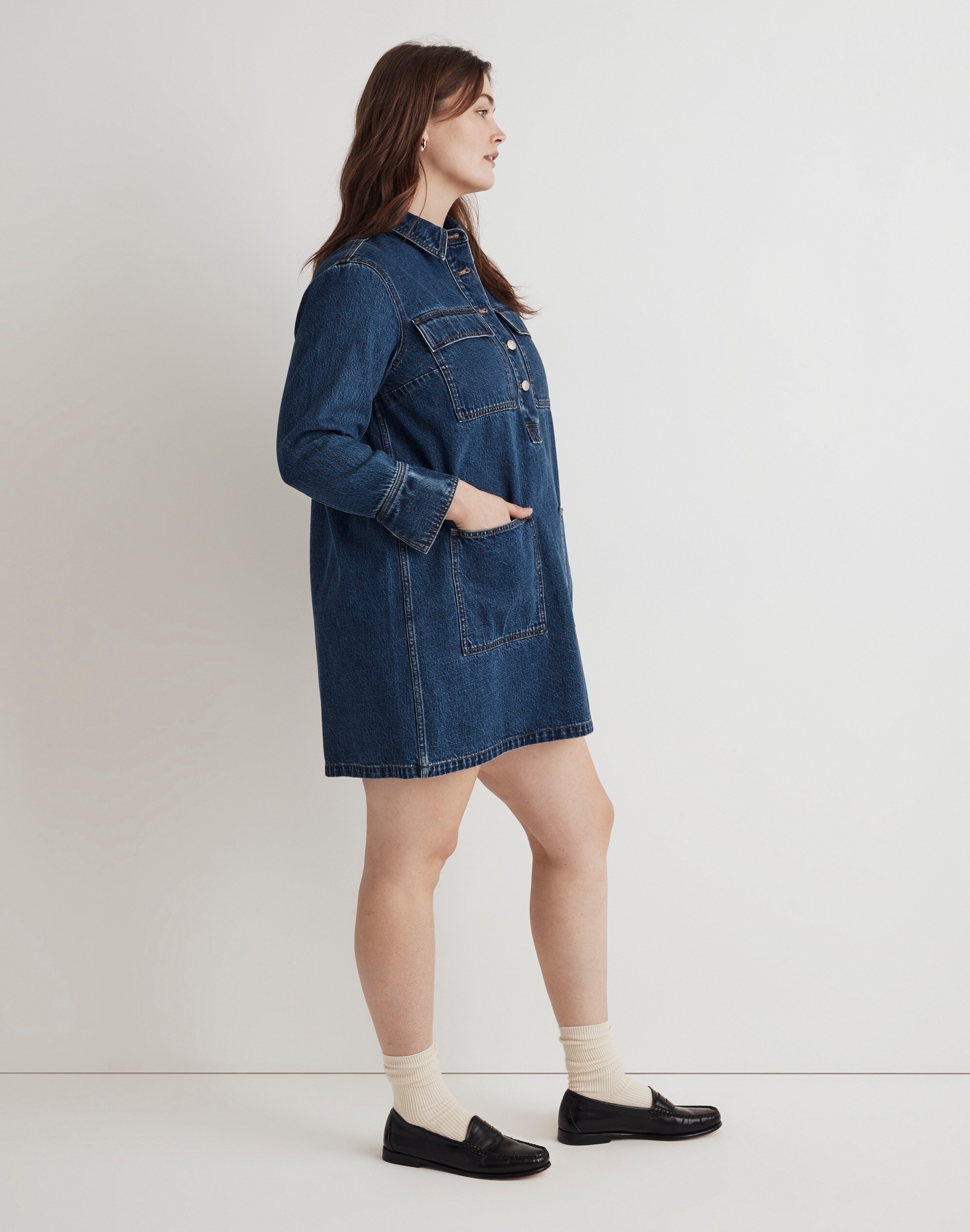 Plus Denim Popover Mini Shirtdress in Sennet Wash